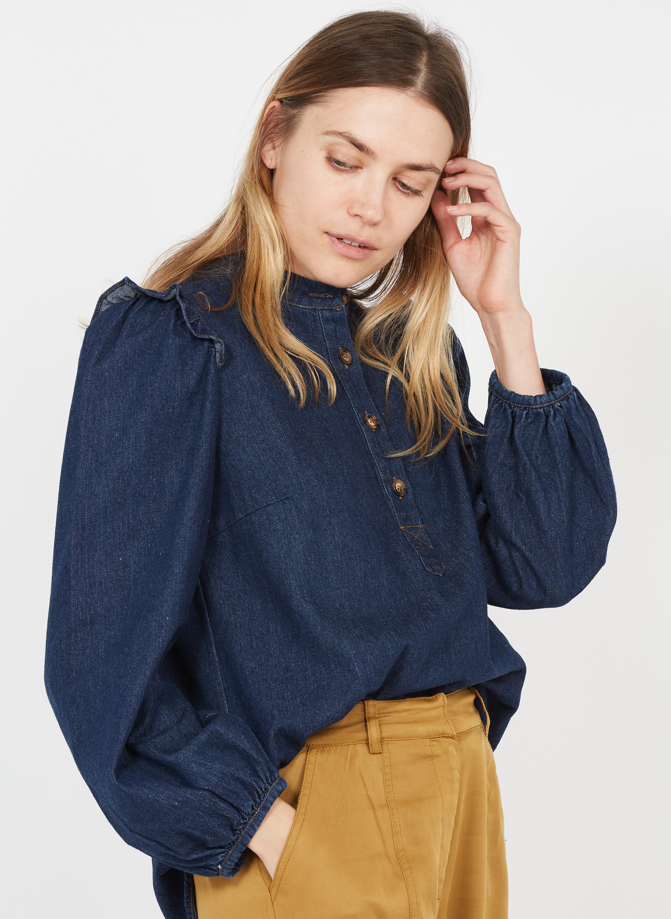 Top Col Mao En Jean Bleu Marine Frnch - Femme | Place des Tendances