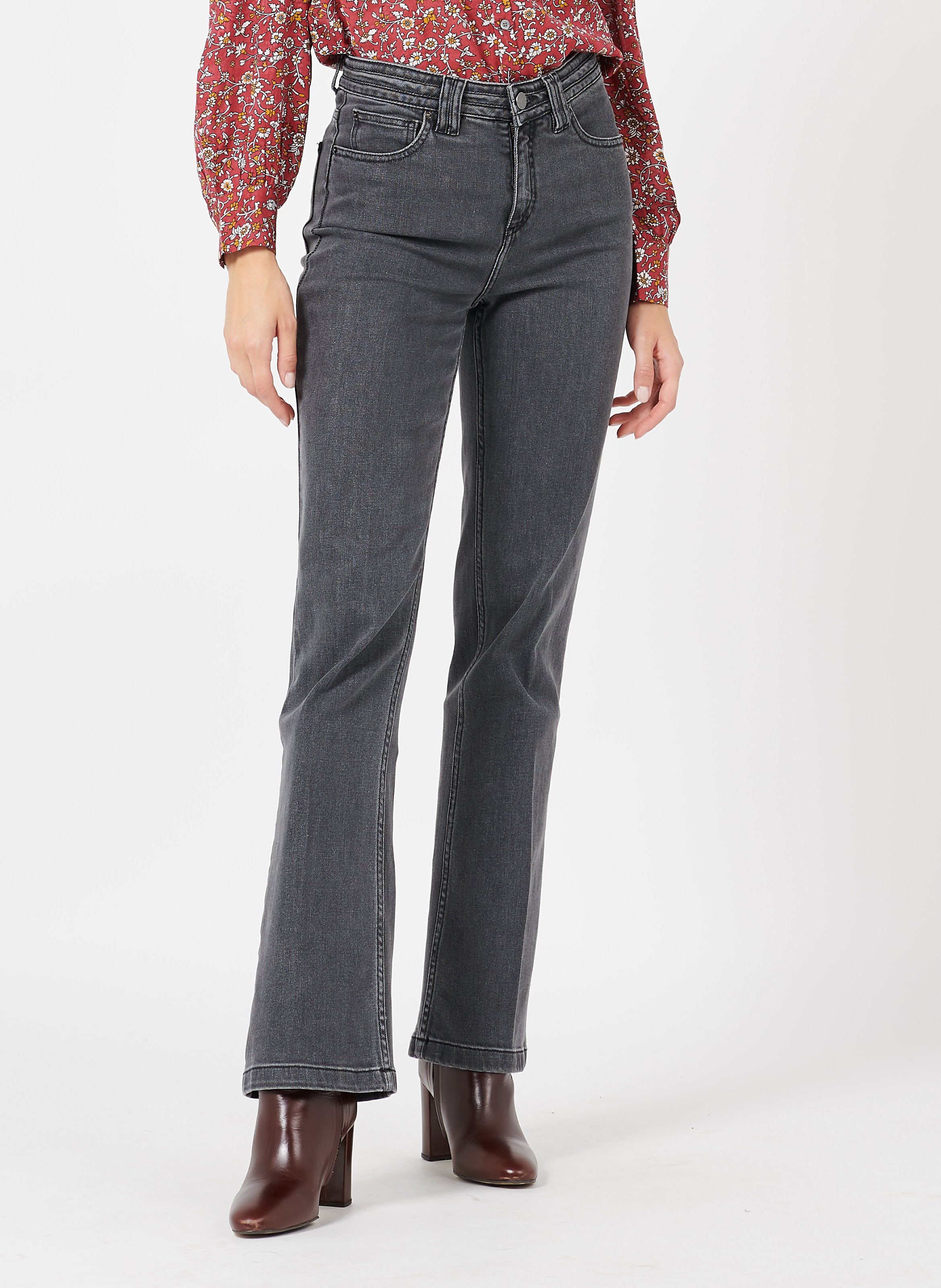 Jean Bootcut Taille Haute En Coton Mélangé Anthracite Gerard Darel - Femme | Place des Tendances jean bootcut taille haute h&m