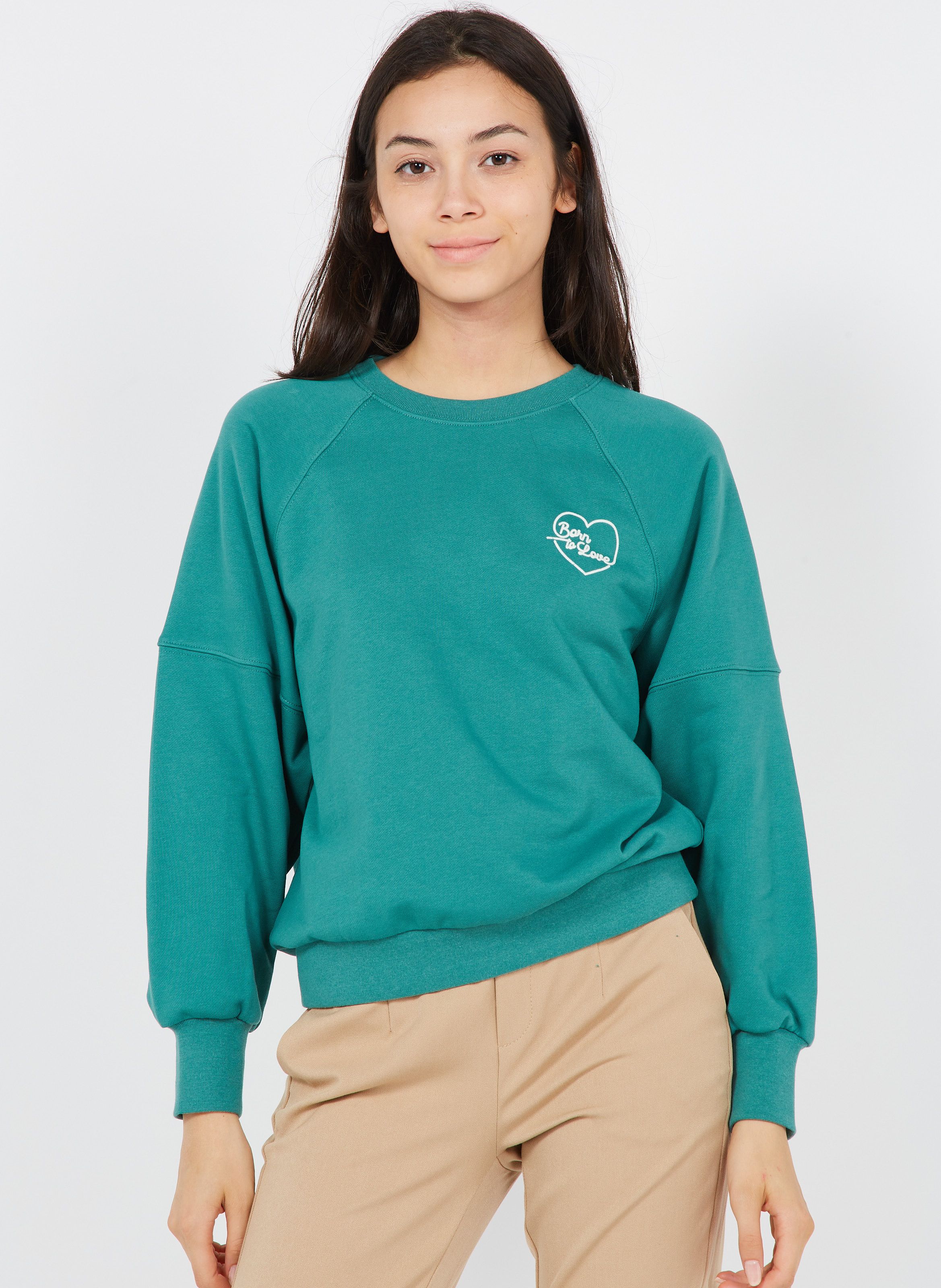 Sweat col rond brodé en coton mélangé | Vert