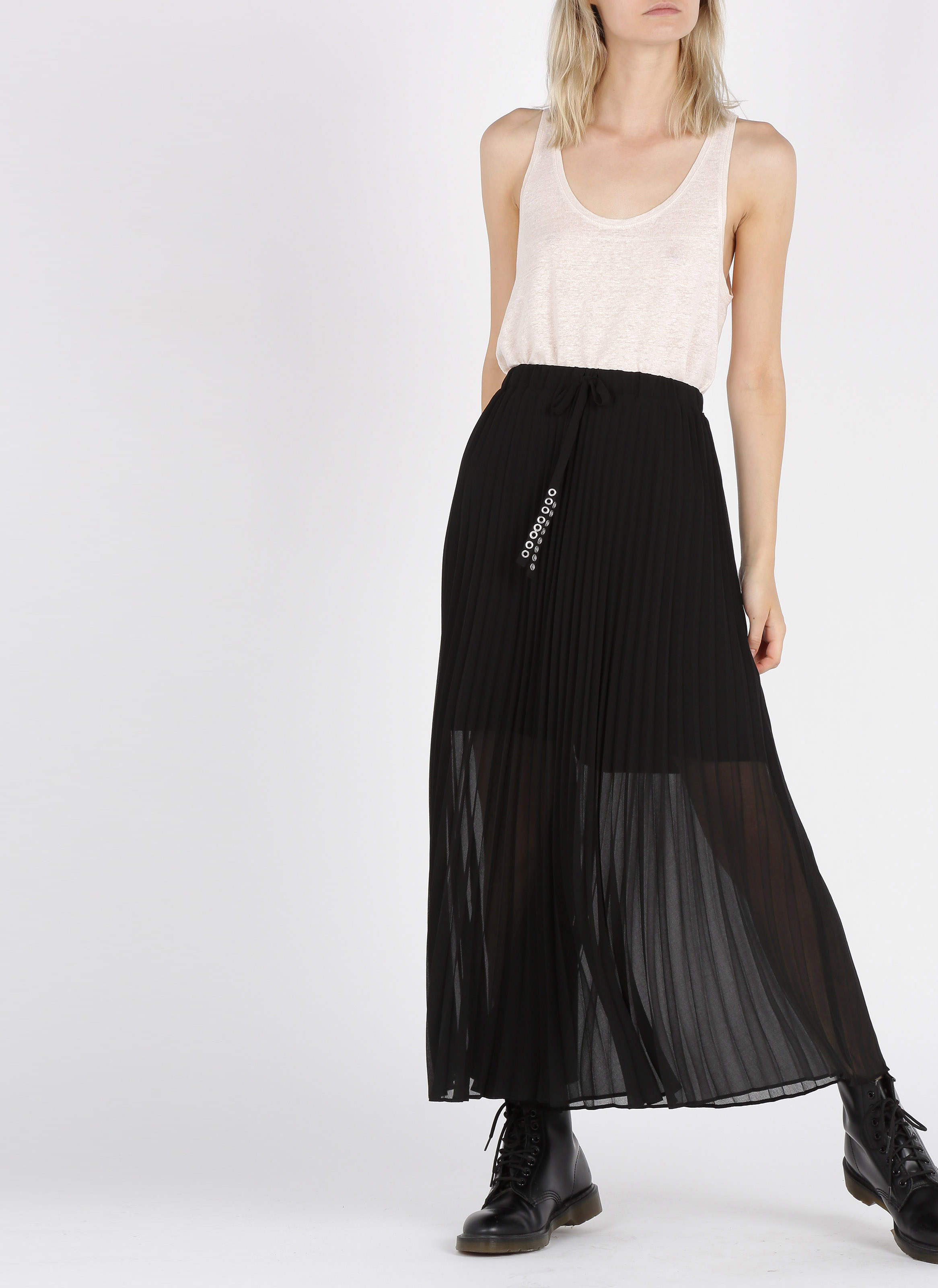 Jupe Longue Pliss?�e En Cr??pe Noir Ikks - Femme | Place des Tendances