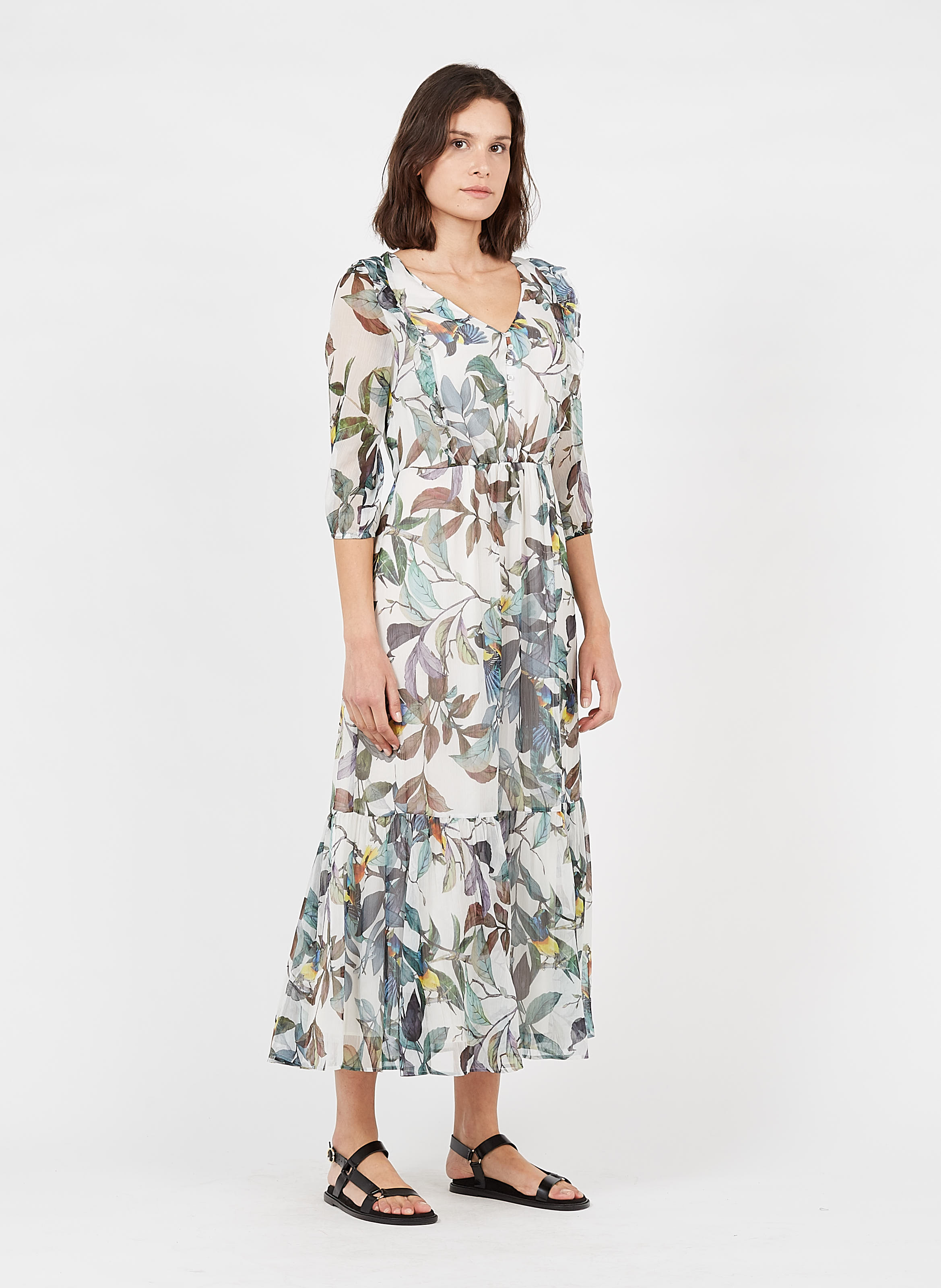 Robe Longue Col V Imprimé Jungle En Crêpe Ecru Ikks Femme Place des