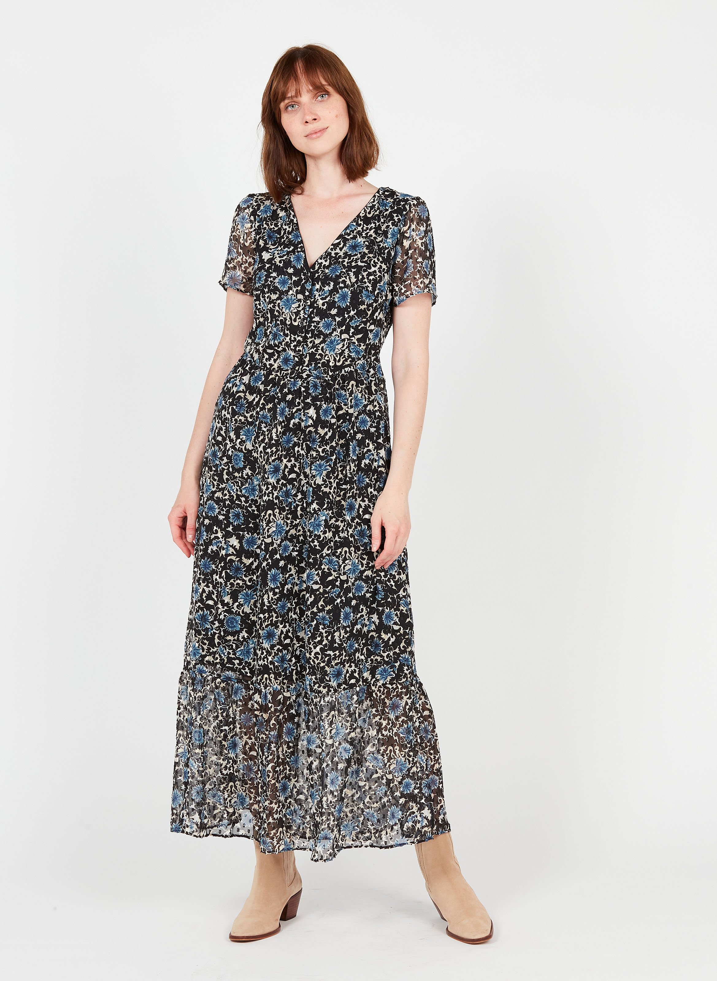 Robe Longue En Voile Imprimée Noir Ikks Femme Place des Tendances