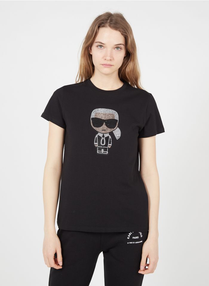 KARL LAGERFELD Tee-shirt col rond à strass en coton bio Noir