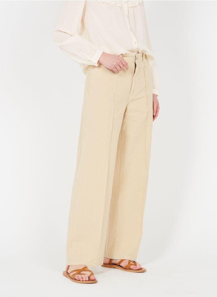LAB DIP Pantalon large taille haute en coton et lin | Beige