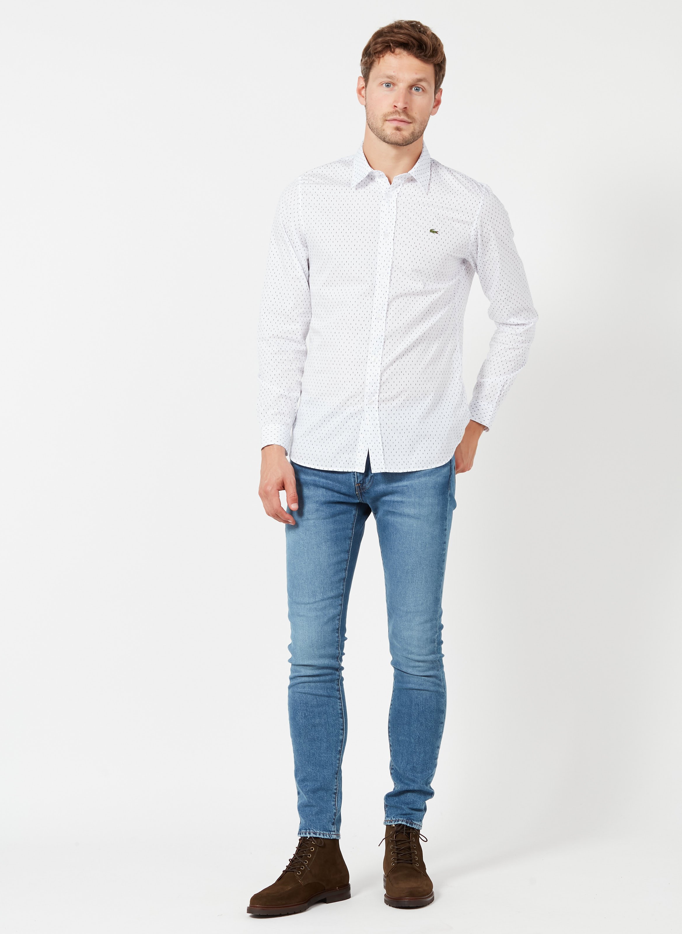 Chemise Col Classique Slim-fit En Coton Blanc/marine Lacoste - Homme |  Place des Tendances