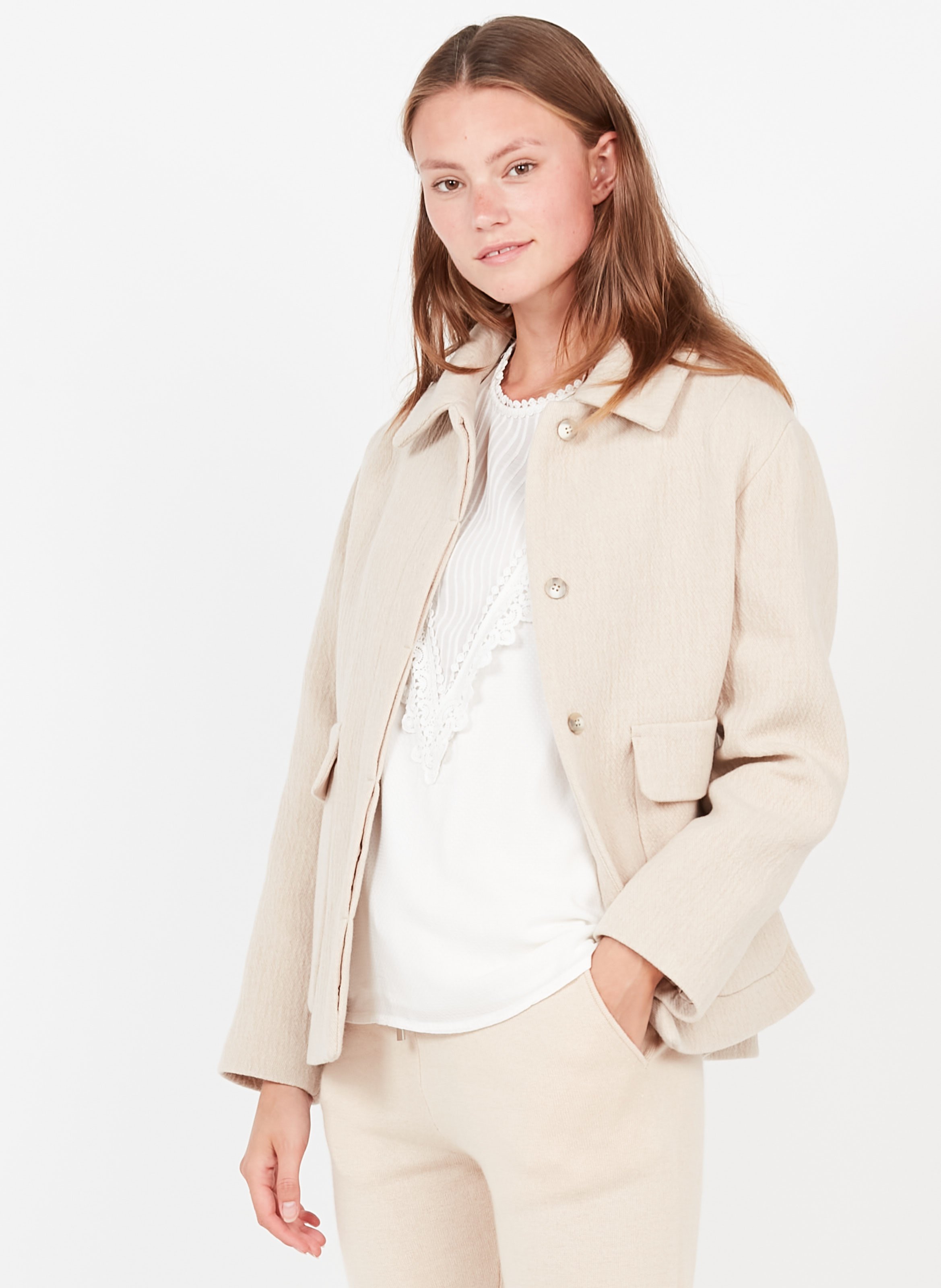 Manteau Court Col Classique Texturé En Laine Mélangée Beige Maison 123 -  Femme | Place des Tendances