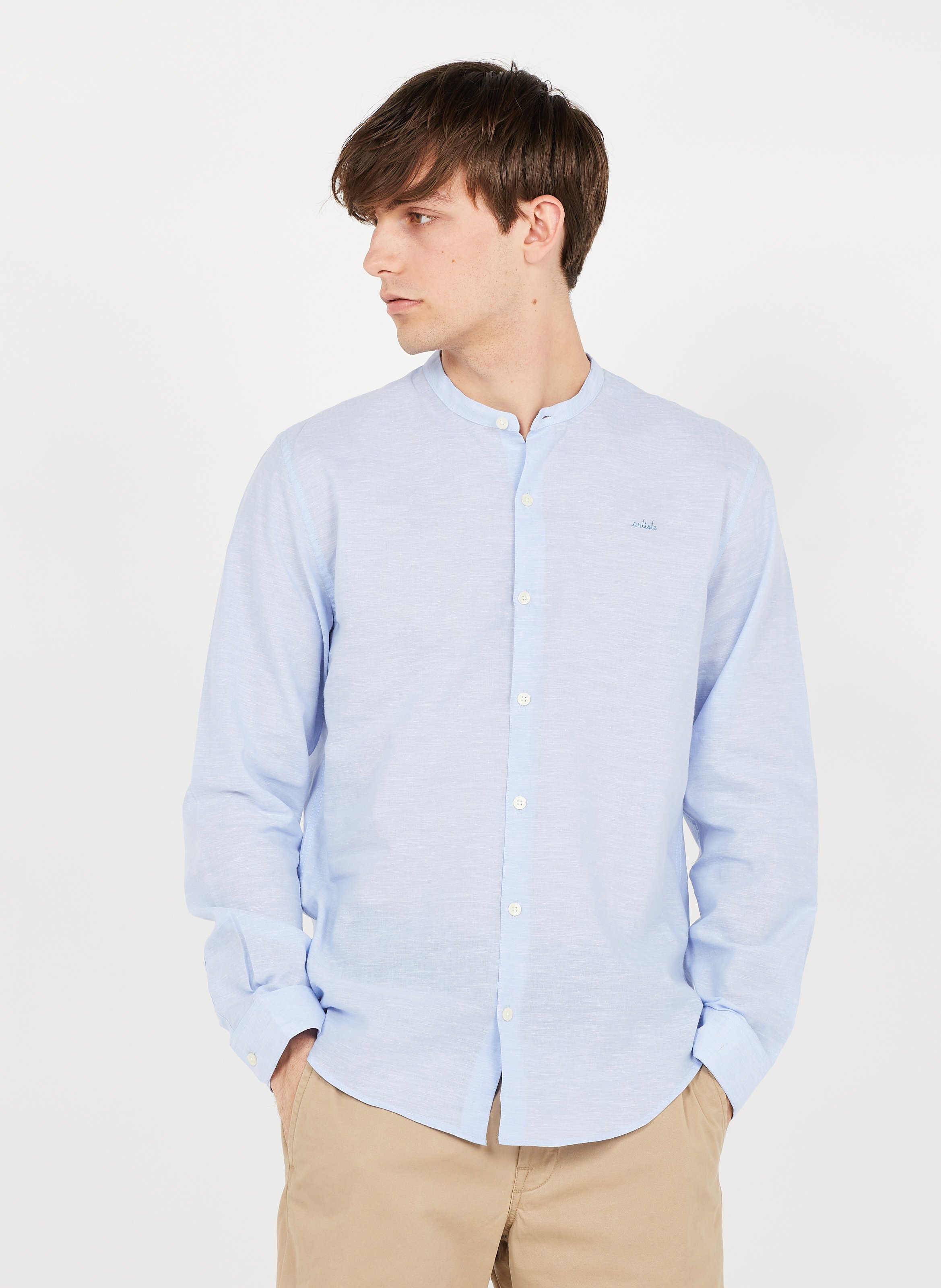 Chemise Col Mao En Lin Melange Brodee Artiste Sky Blue Maison Labiche Homme Place Des Tendances