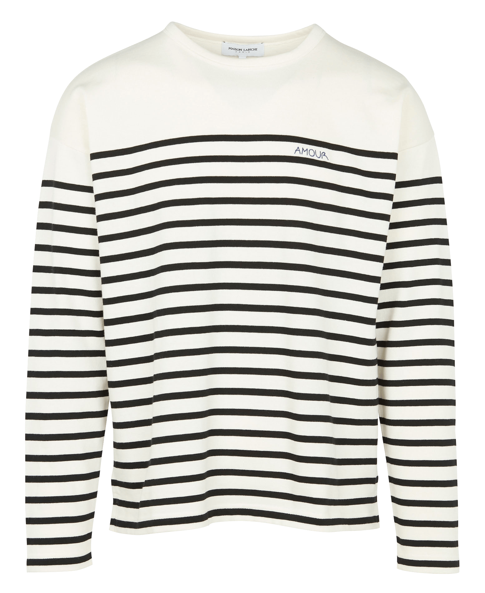 Pull Col Rond Mariniere En Coton Bio Brode Amour Ivory Black Maison Labiche Homme Place Des Tendances