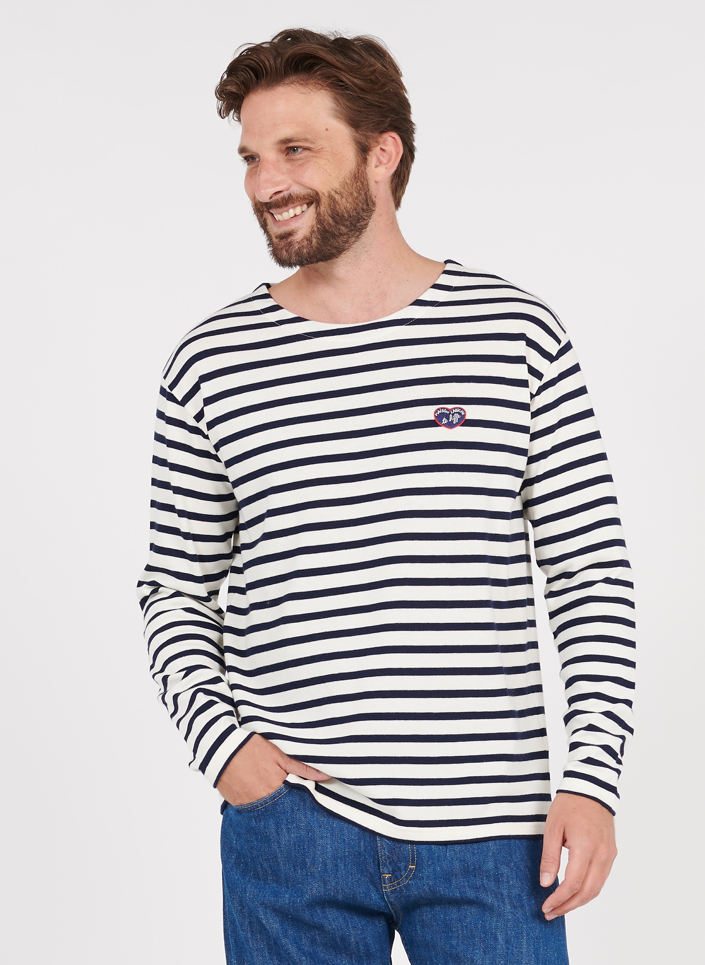 Tee Shirt Mariniere Col Rond Brode Maison Labiche Te Kiffe En Coton Ivory Navy Maison Labiche Homme Place Des Tendances