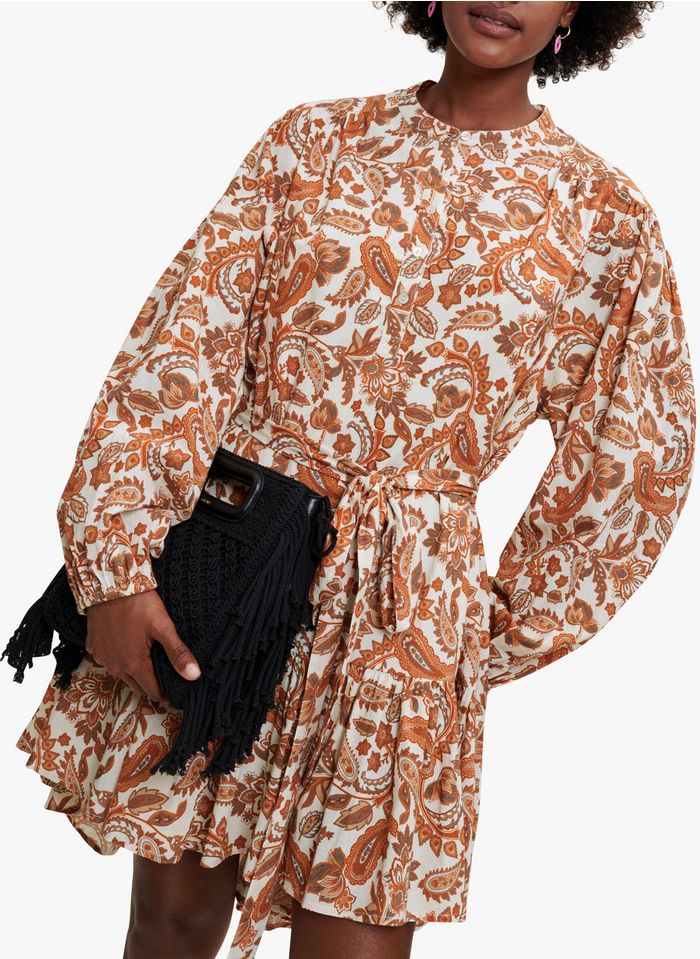 MAJE Robe courte col rond imprimé cachemire à ceinturer en coton | Orange