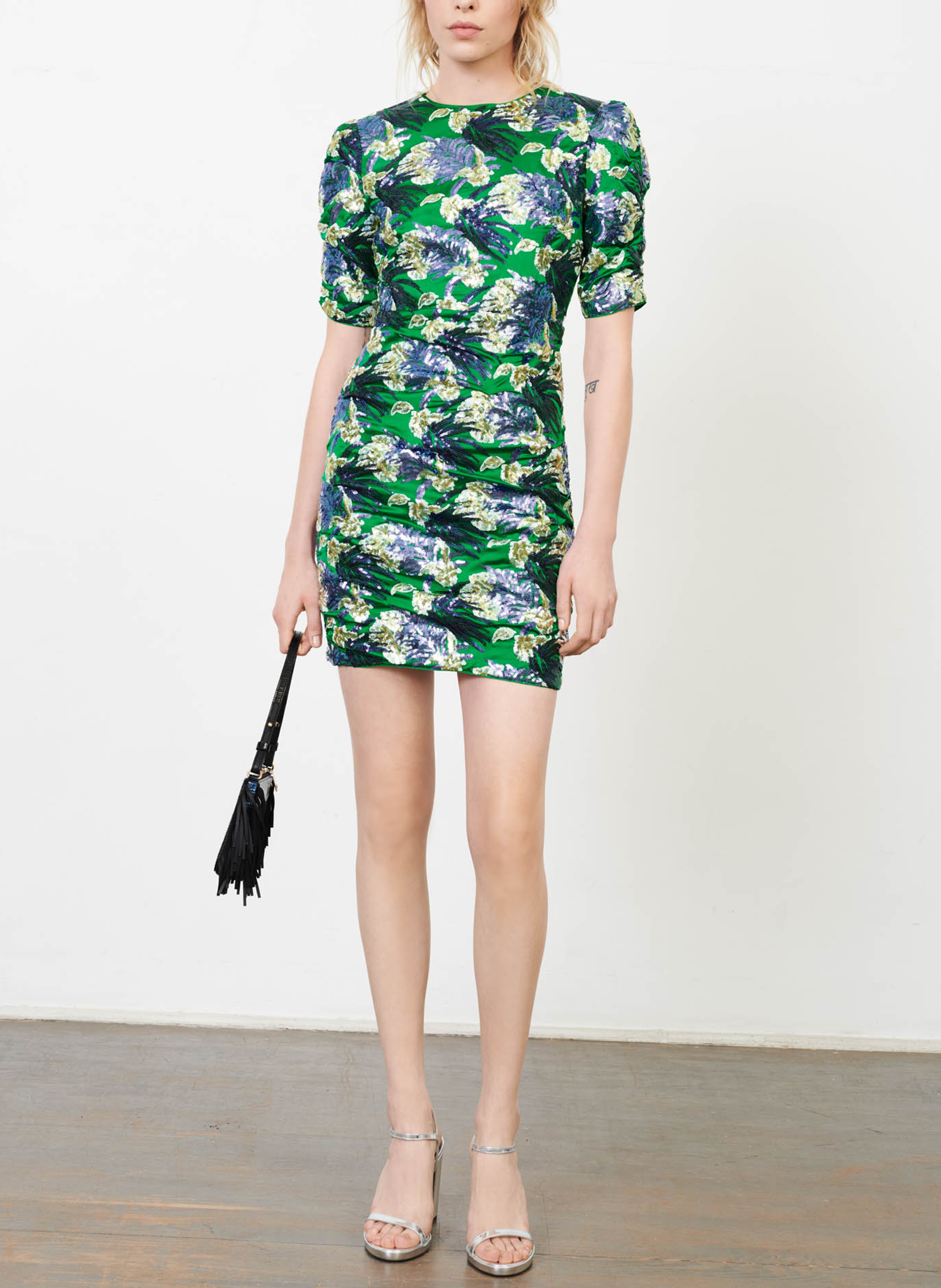 Robe Courte Col Rond Imprimé Floral à Sequins Vert/violet Maje Femme