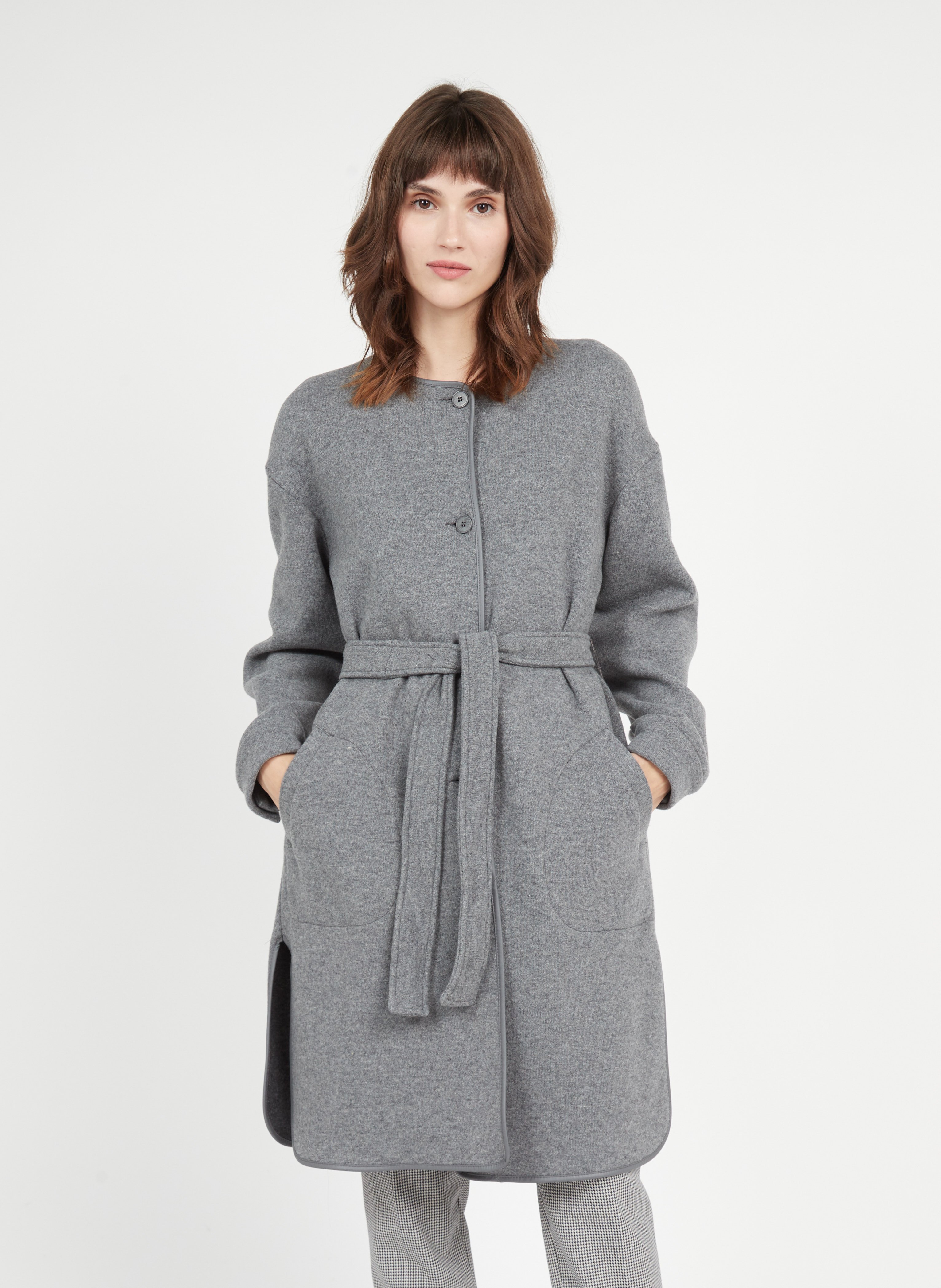 Manteau col rond en laine melangee Gris