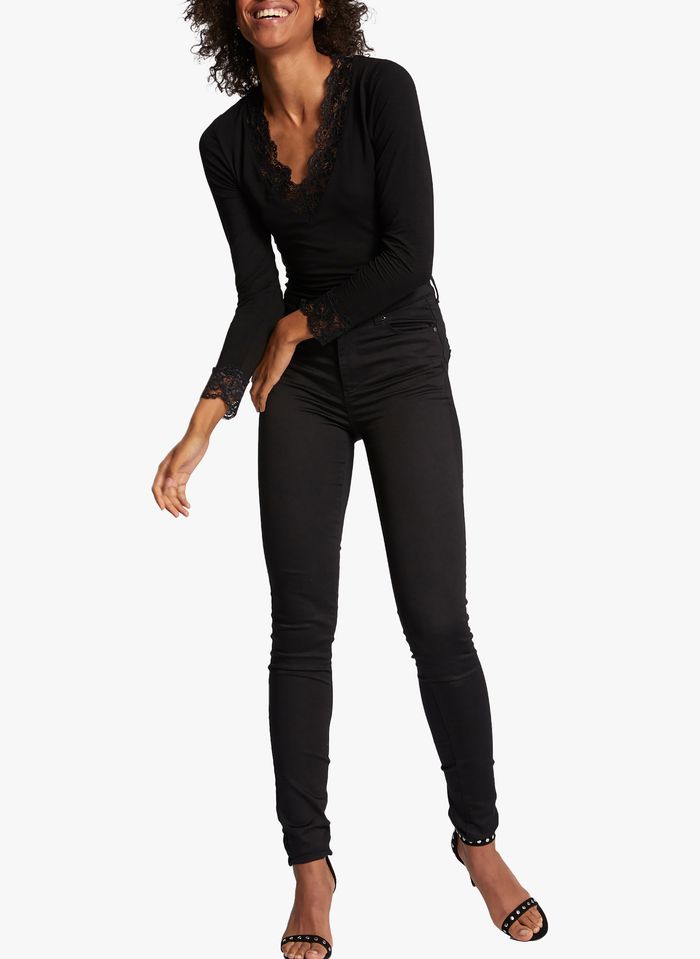 KIABI Femme - Pull col V en dentelle - noir - REAL BLACK - Drest