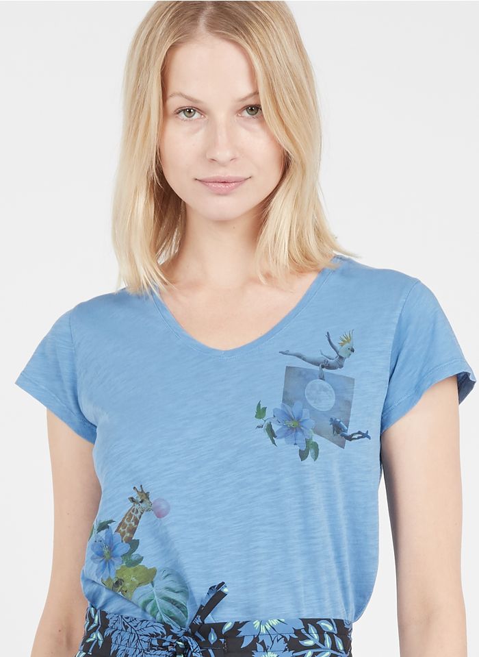 NICE THINGS Tee-shirt col V imprimé en coton | Bleu