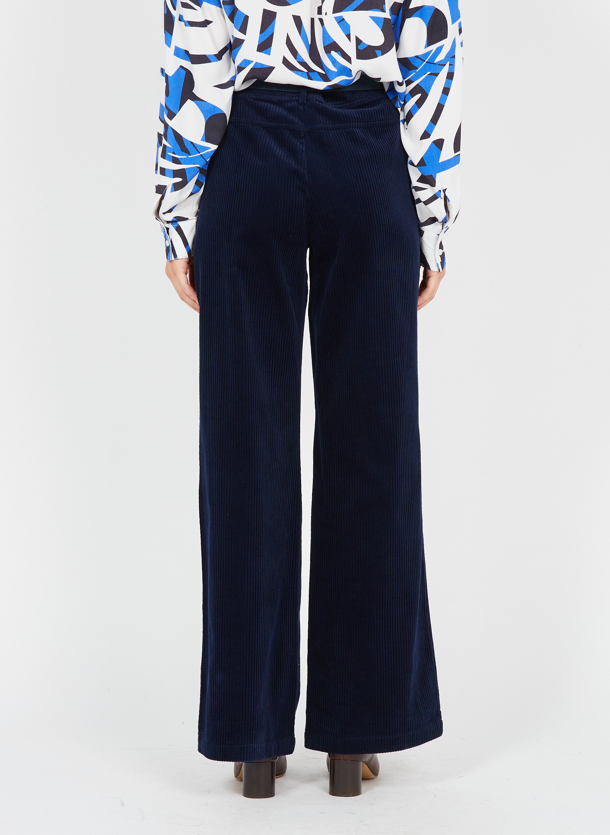 Pantalon Large Femme En Velours Côtelé – Taille Haute, Couleur Bleu, 100% Polyester
