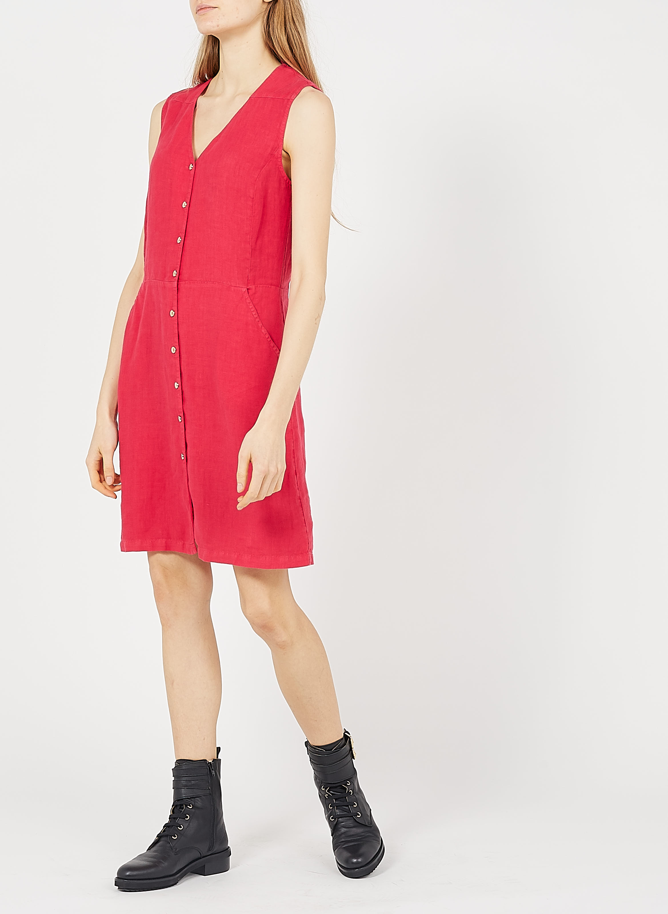 Robe Courte Col V Boutonn?�e En Lin Fuchsia One Step - Femme | Place des Tendances