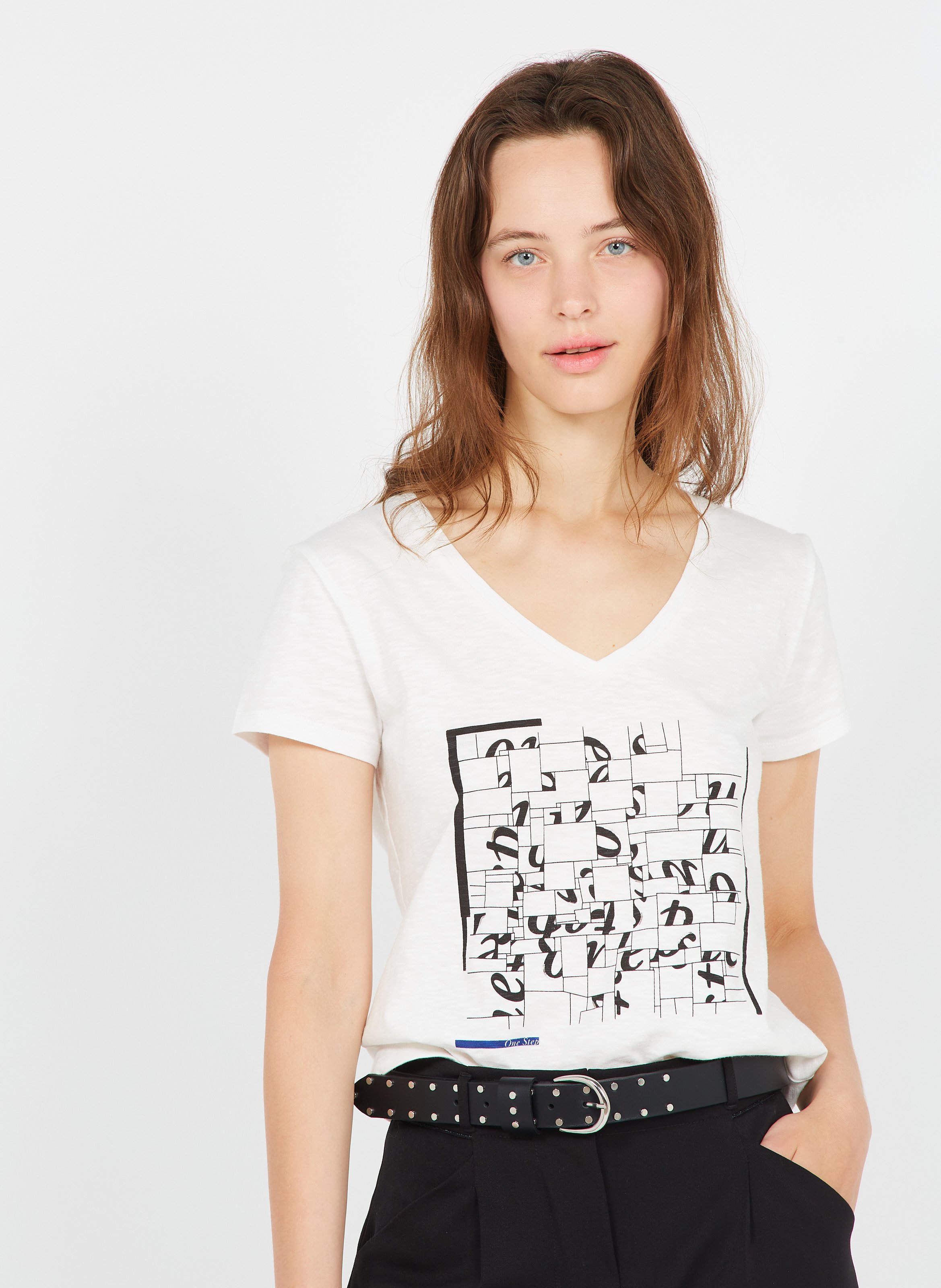 Tee-shirt col V s�rigraphi� en coton ONE STEP