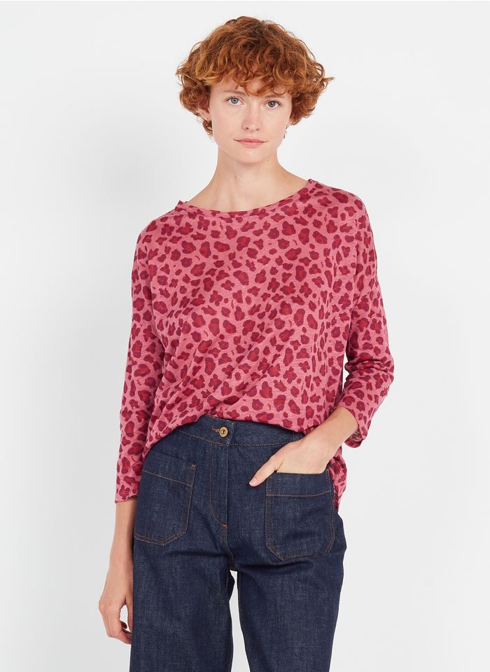 PABLO Tee-shirt col rond motif léopard en lin  | Rose