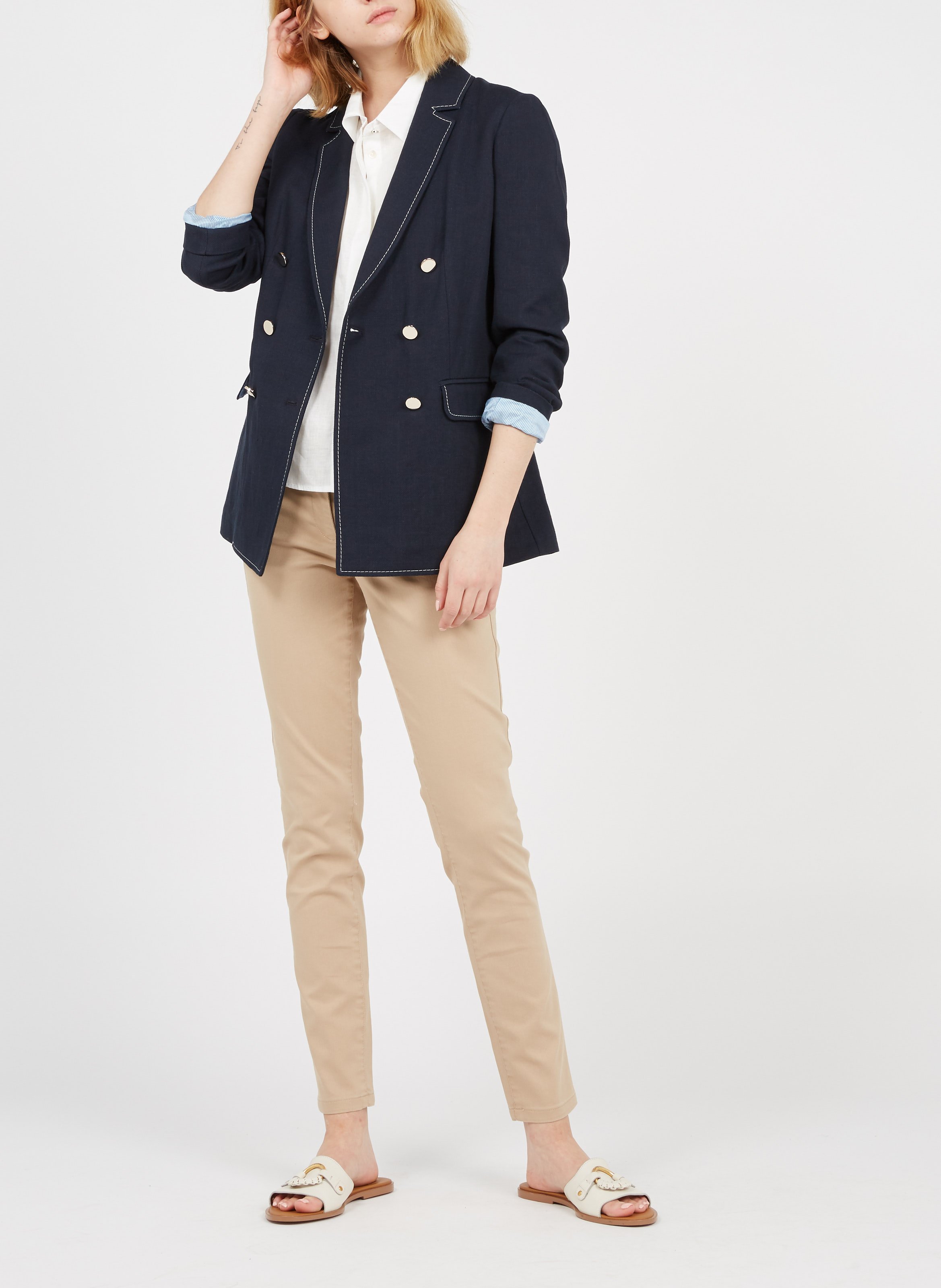 Veste Col Tailleur à Double Boutonnage En Coton Et Lin Navy Blue Pennyblack  - Femme | Place des Tendances