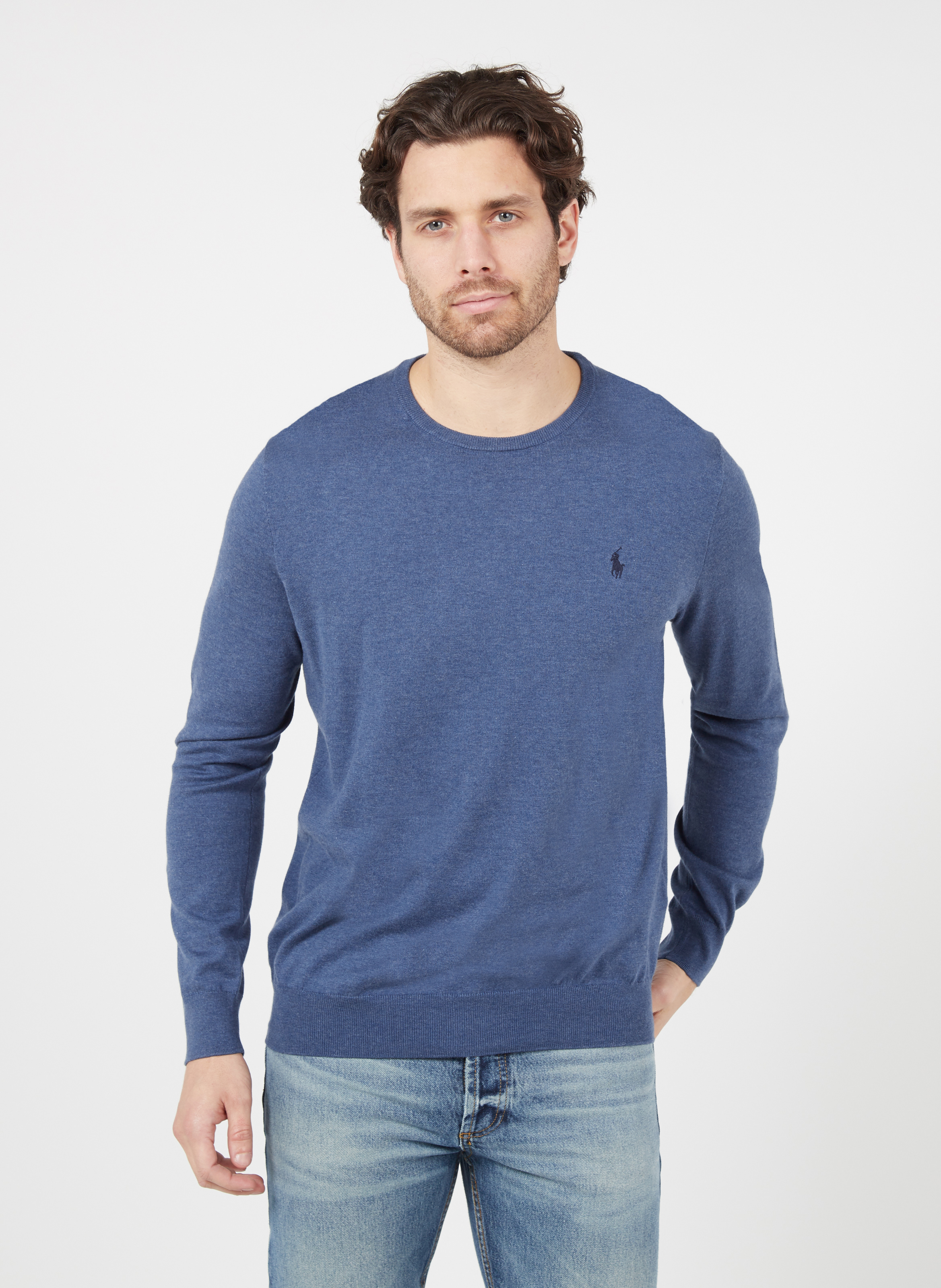 Pull Col Rond En Coton Derby Blue Heather Polo Ralph Lauren Homme Place des Tendances