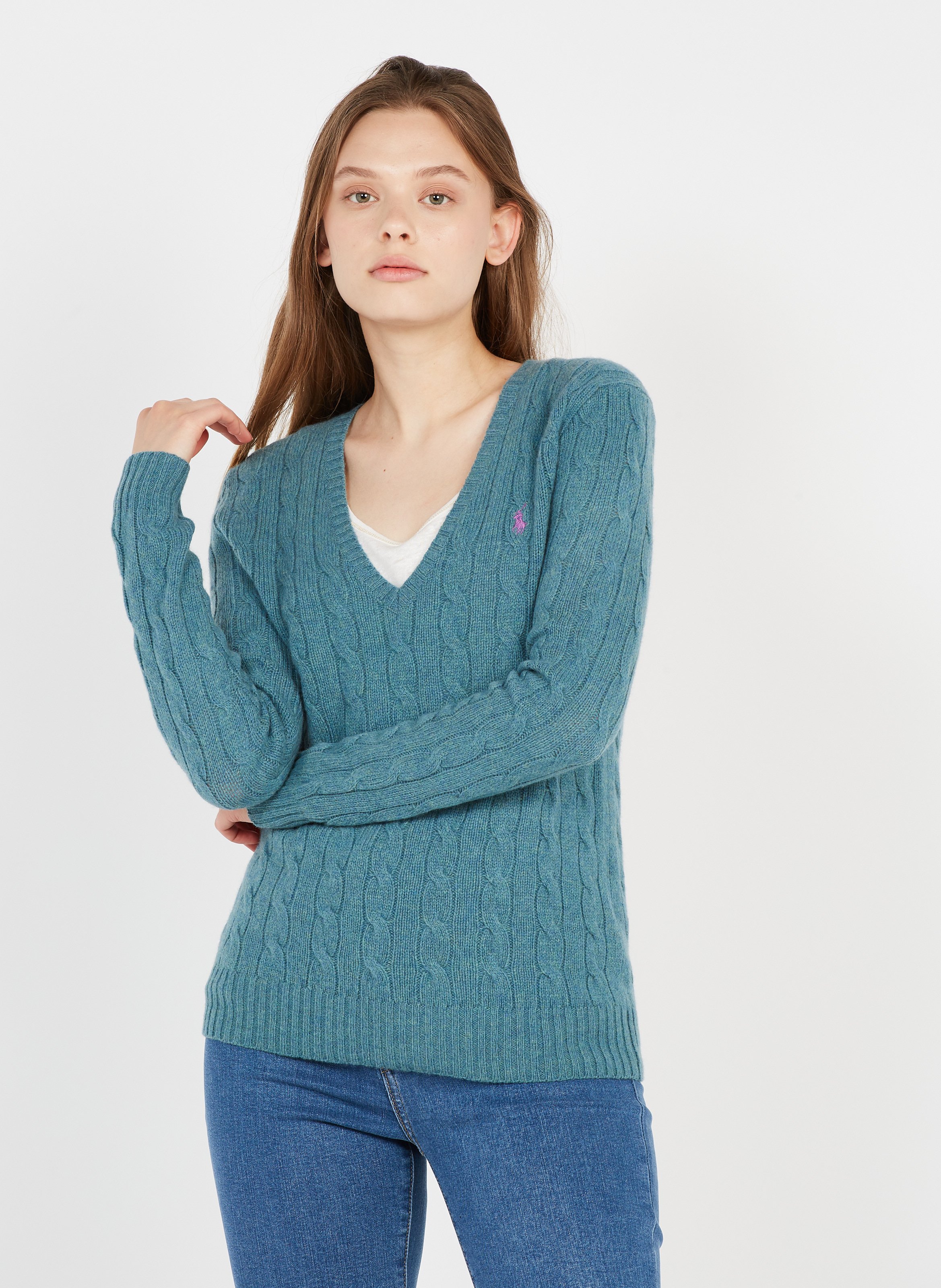 Pull Col V à Torsades En Laine Et Cachemire Blue Polo Ralph Lauren - Femme  | Place des Tendances