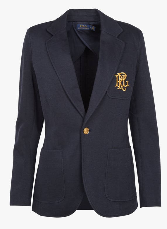 Veste col tailleur brodee en coton melange Bleu