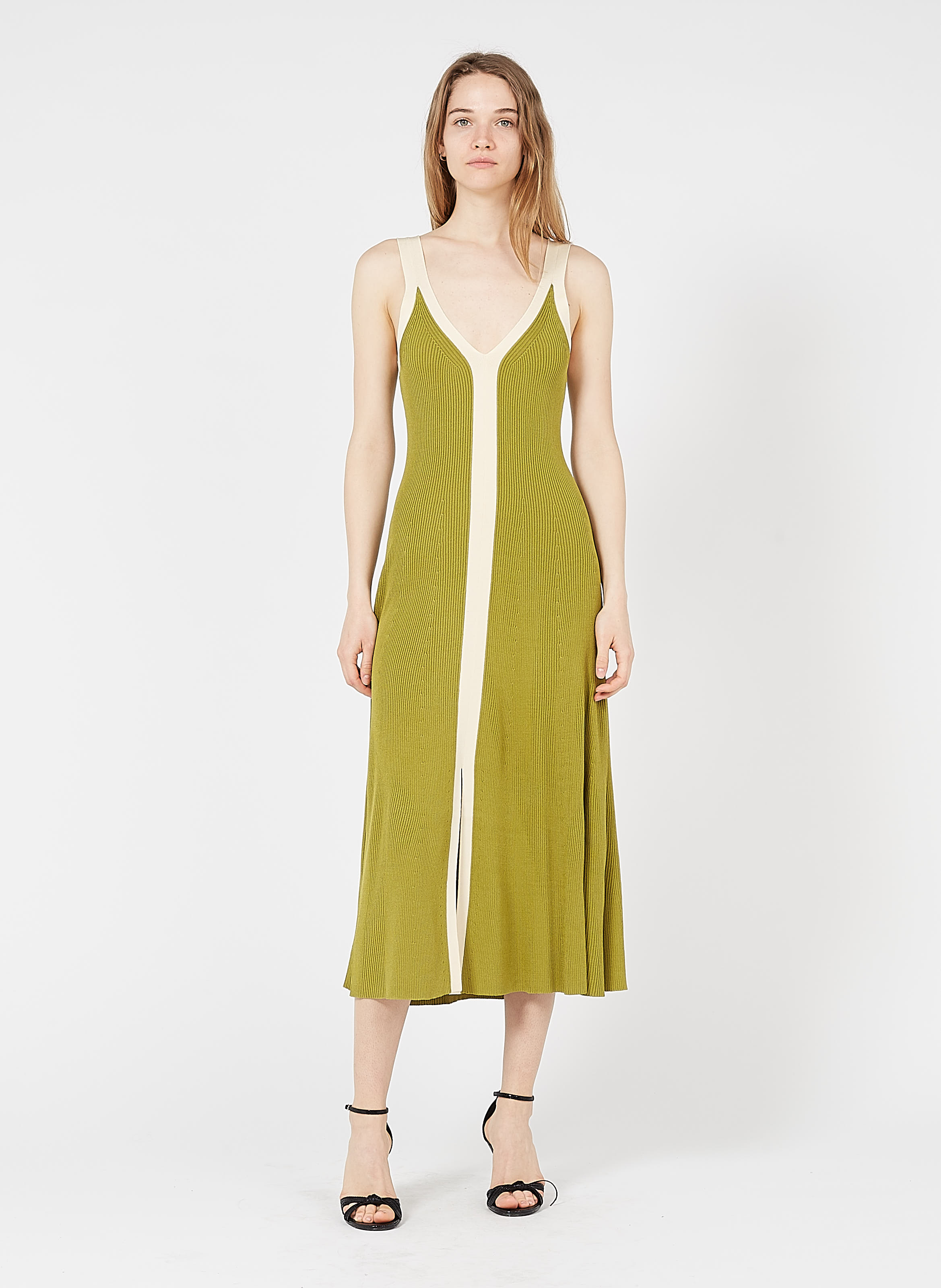 Robe Midi Col V Bicolore En Maille Olive Sandro - Femme | Place des Tendances