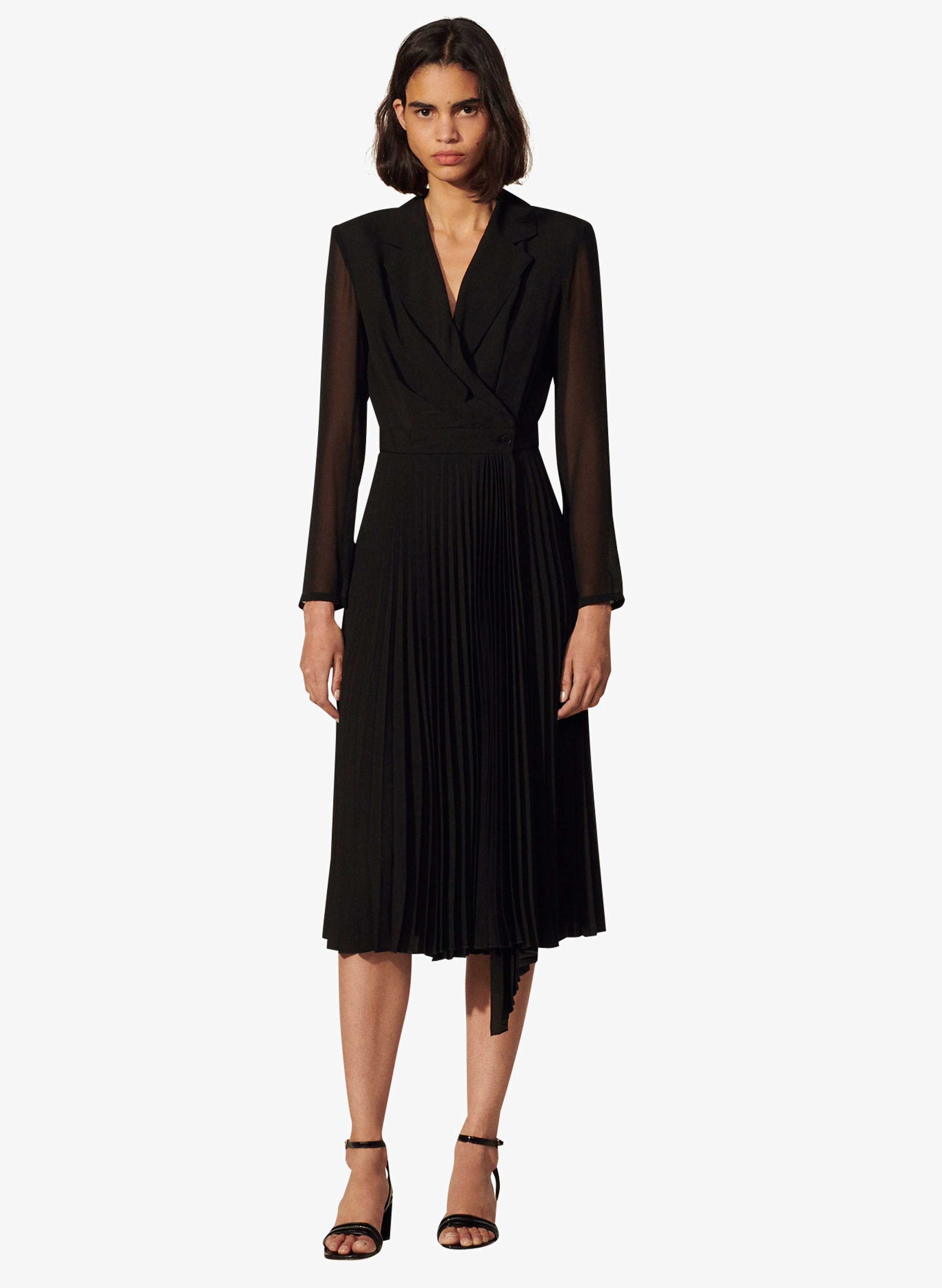 SANDRO Robe midi portefeuille pliss e Noir