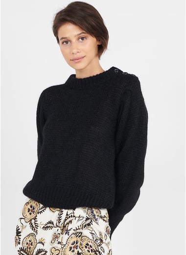 Pull en coton mélangé à col rond et motif texturé et franges Pull en coton mélangé à col rond et motif texturé et franges