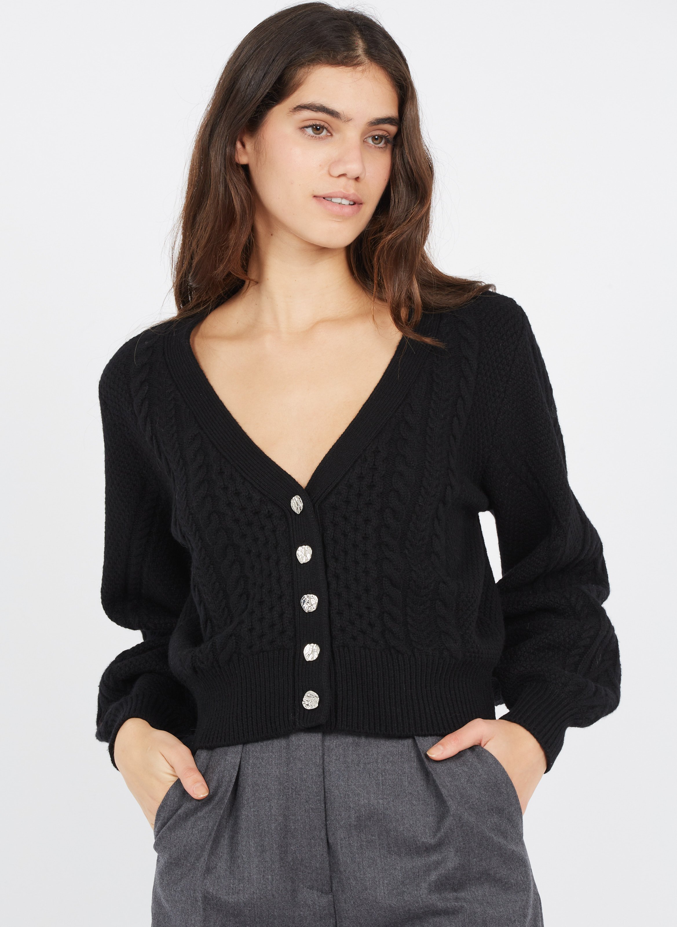 Gilet Col V Torsadé En Laine Mélangée Black The Kooples - Femme | Place des  Tendances