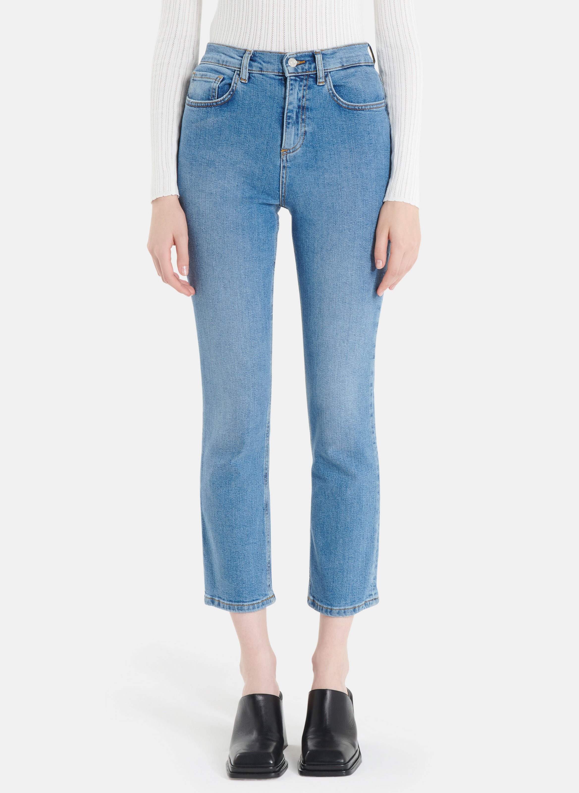 Jean straight taille haute en coton mélangé · Gris Naturel, Gris Moyen