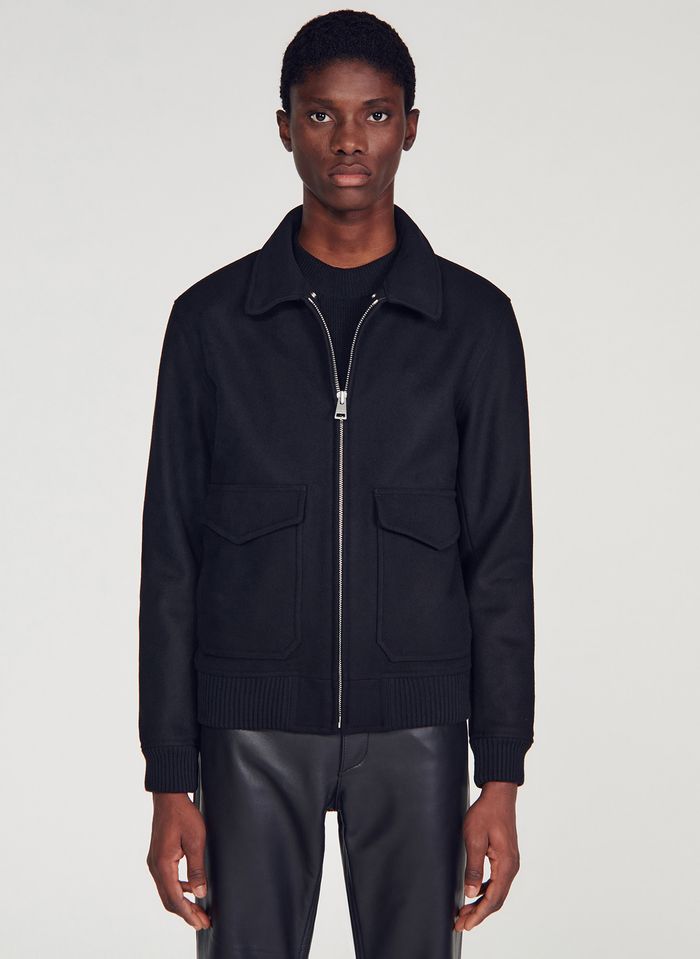 Regular-fit Wool-blend Jacket With Sherpa Collar Noir Profond