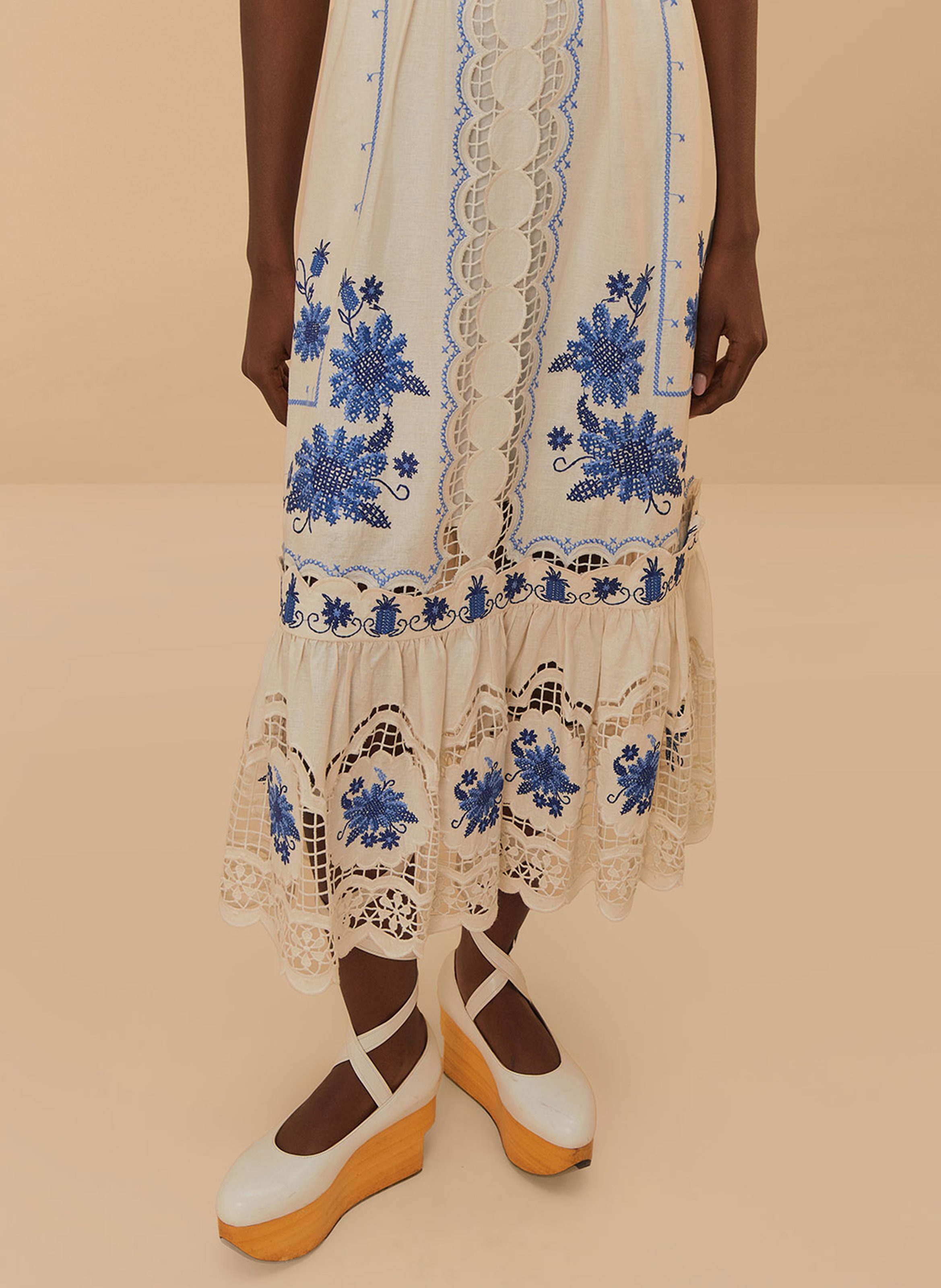Long embroidered linen blend dress FARM RIO White
