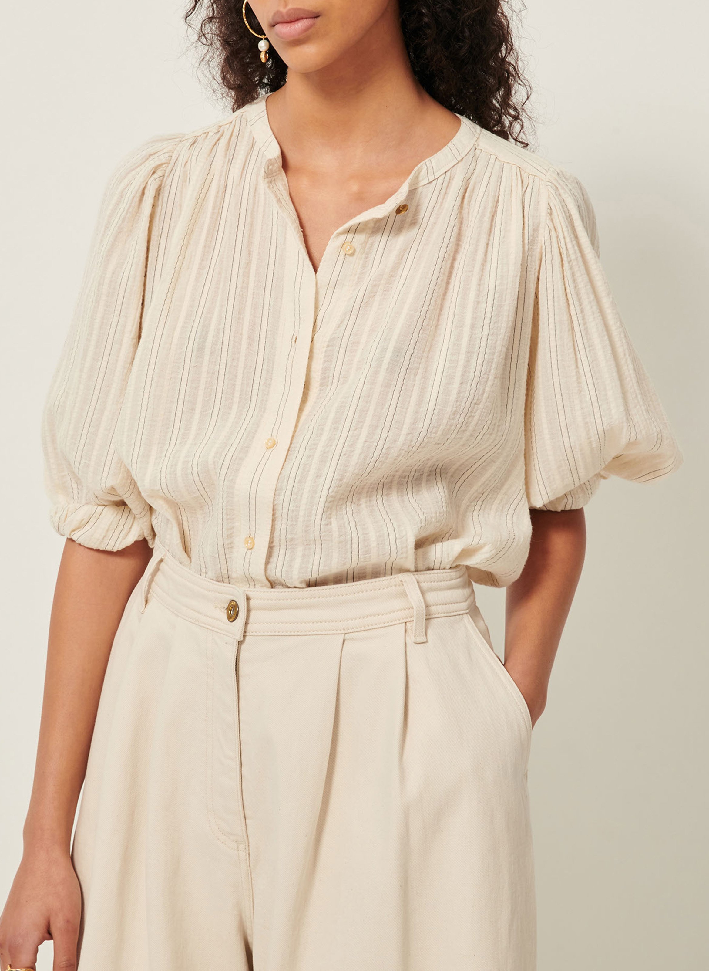 Loose-fit organic cotton shirt with mandarin collar SESSUN