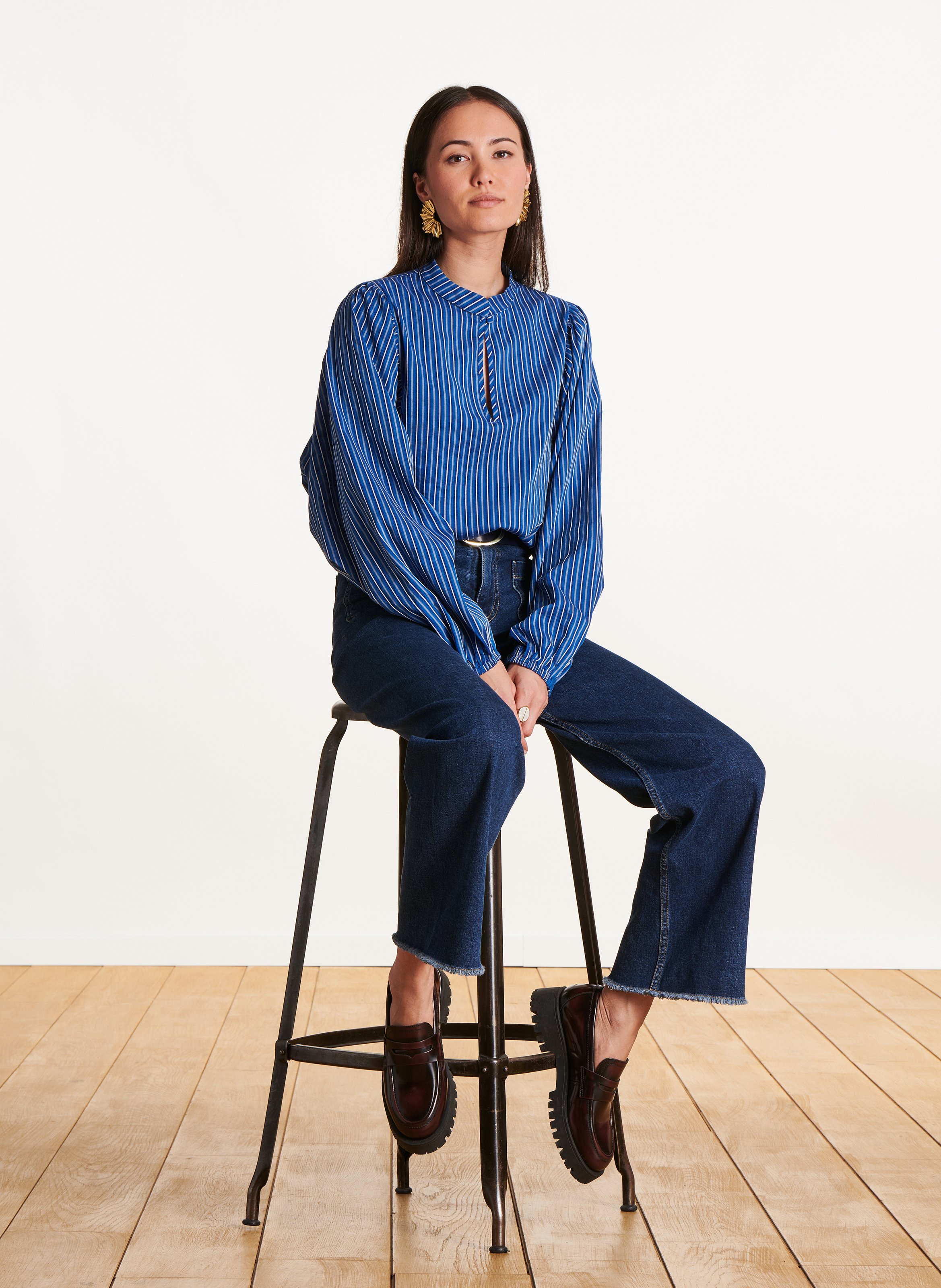 Top droit en coton mélangé rayé LA FEE MARABOUTEE Bleu