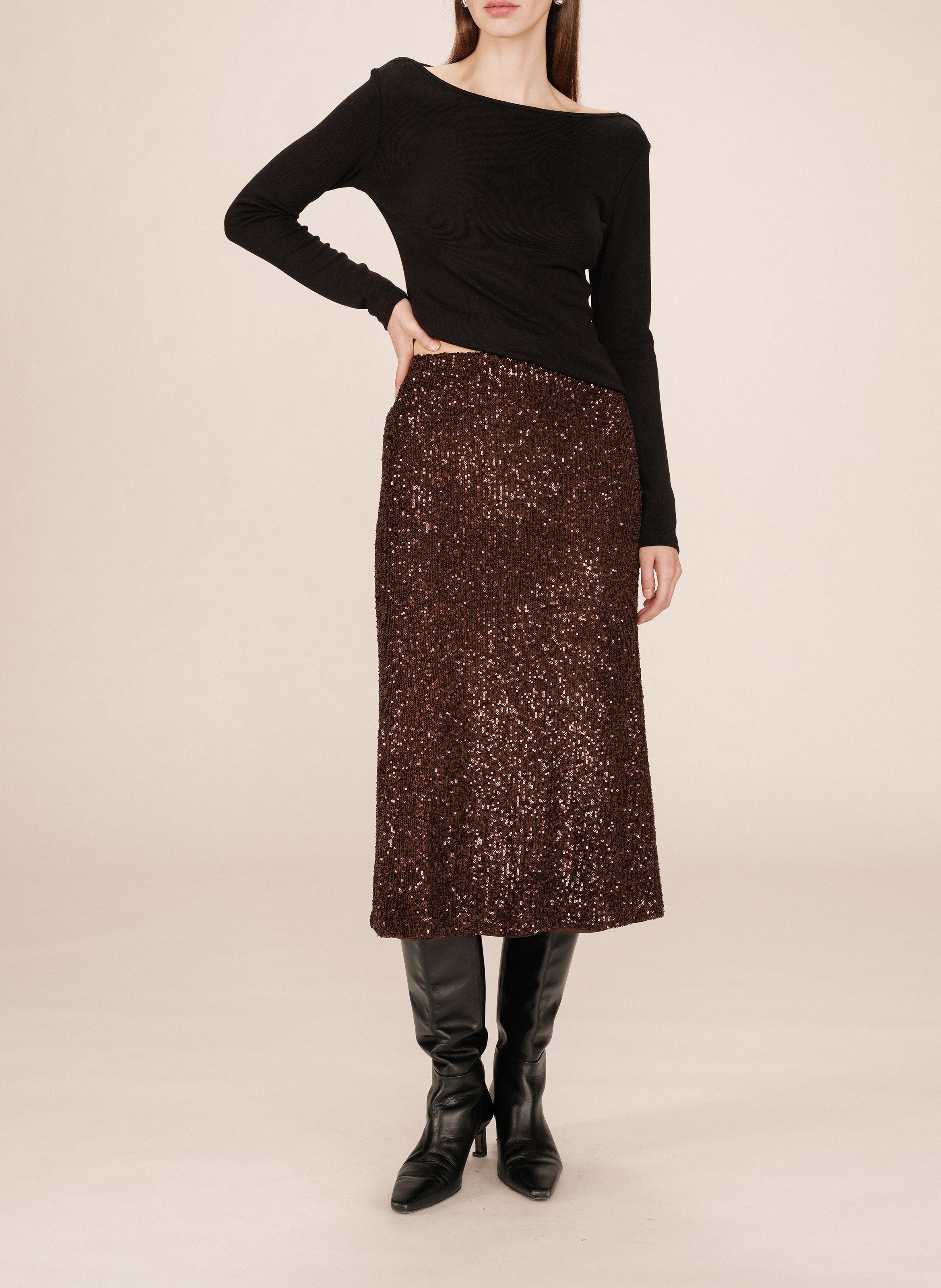 Lange trapeze rok met pailletten GRACE ET MILA Bruin