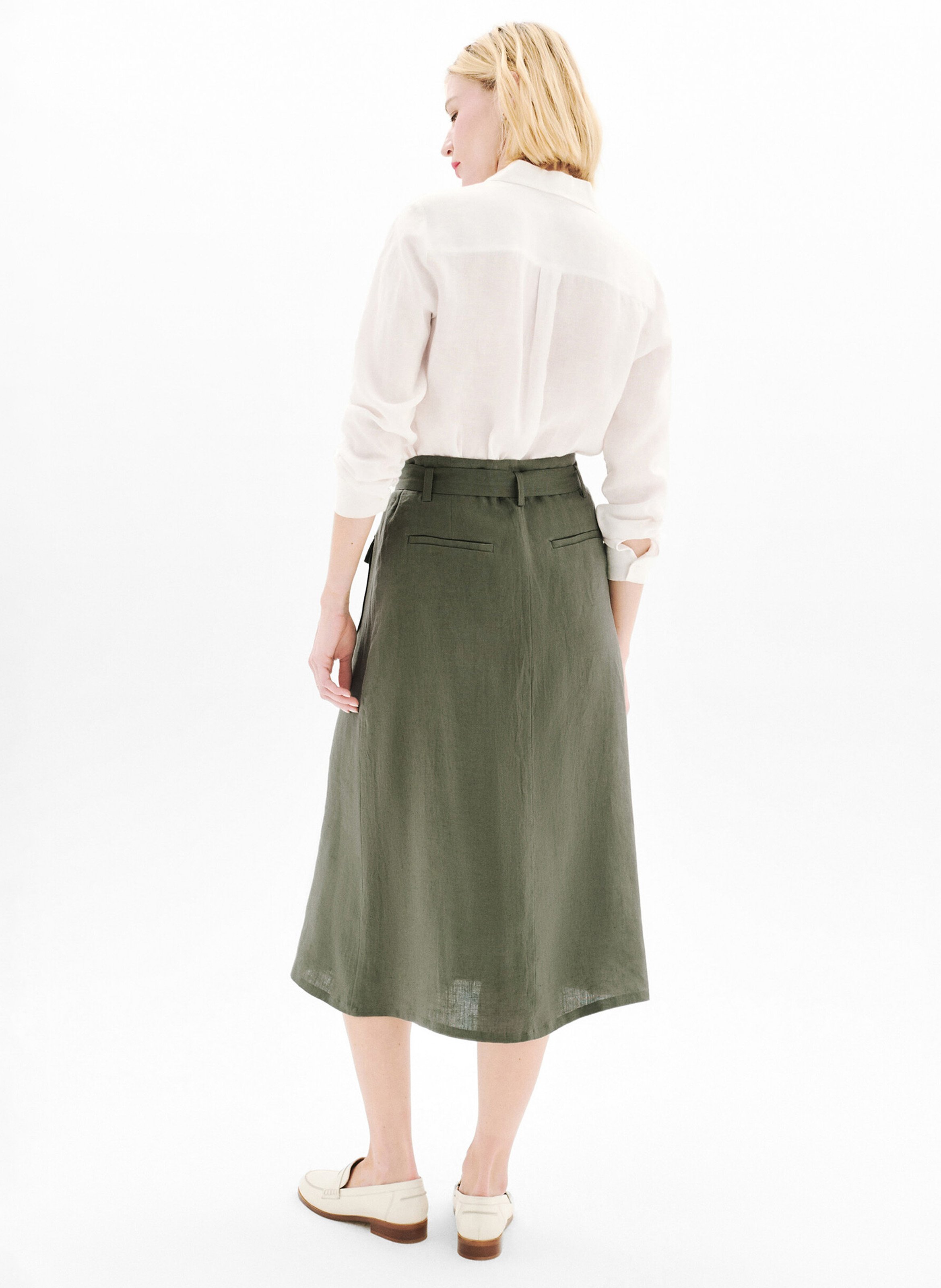 Gerade geschnittener Leinenrock mit hohem Bund und Gürtel CAROLL Grun