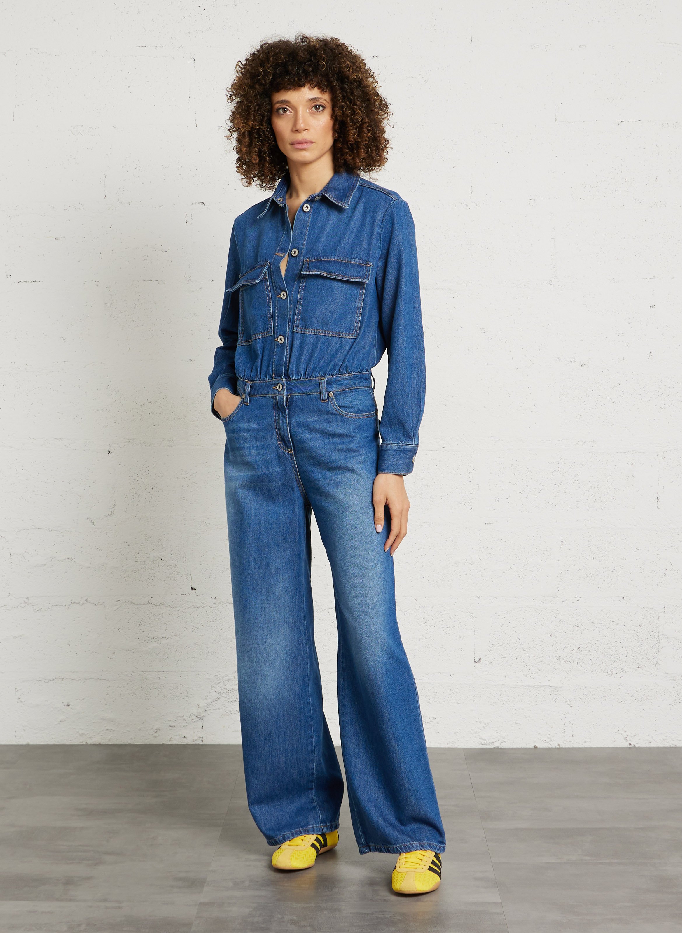 Straight cotton-blend jumpsuit with classic collar PLEASE Blue