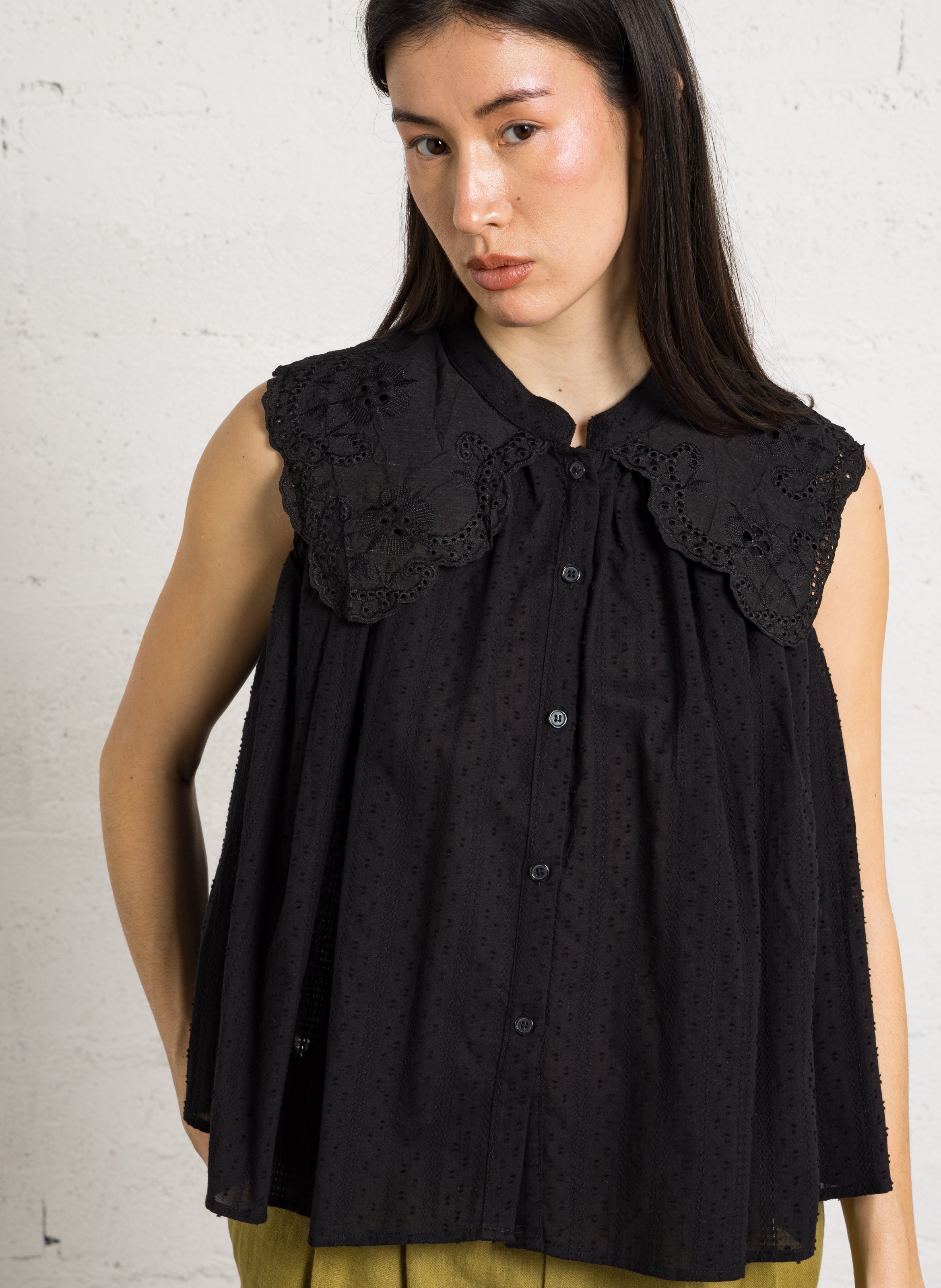 Oversized cotton embroidered mandarin collar top SEE U SOON Black