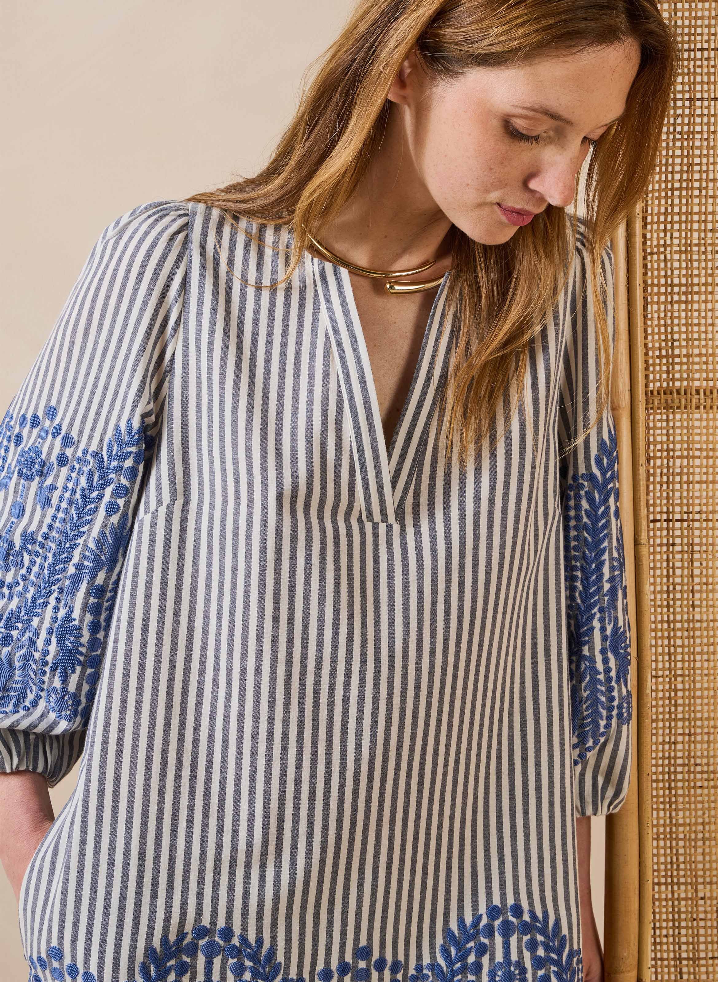 Robe courte col tunisien en coton bio mélangé LA FEE MARABOUTEE Bleu