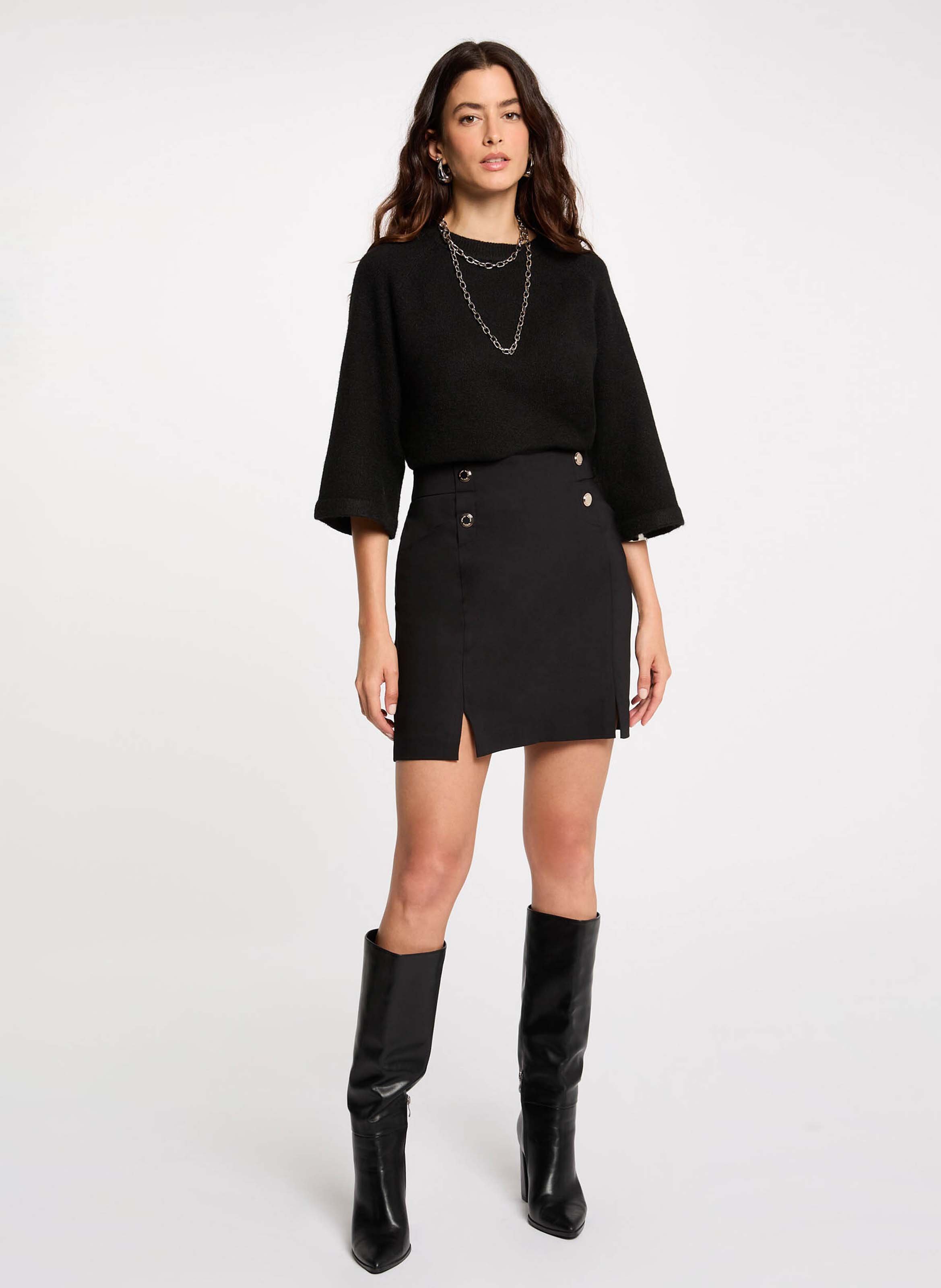 Short skirt with button in blended cotton MORGAN Black