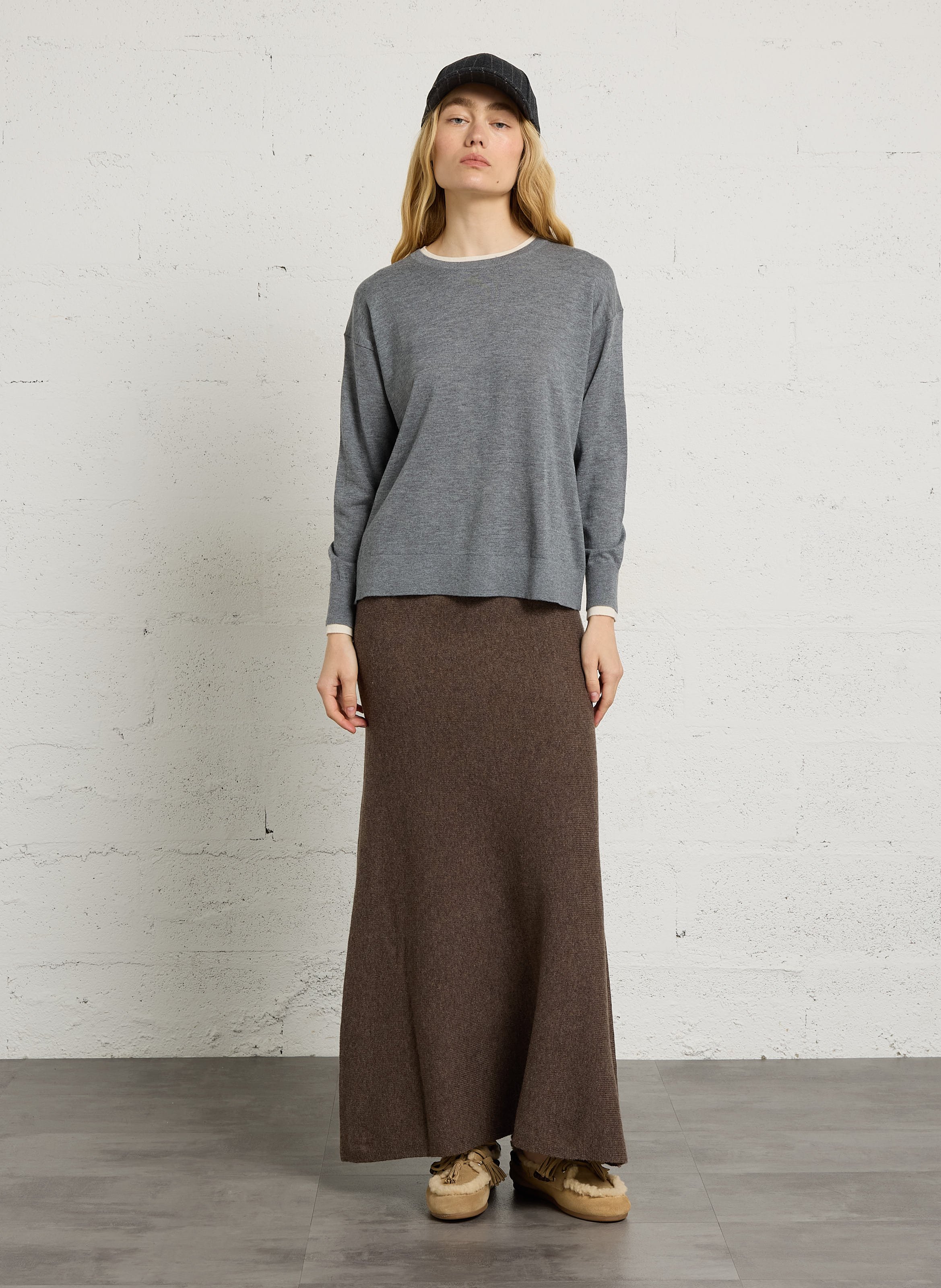 Pull droit en soie, laine et cachemire MAJESTIC FILATURES Gris