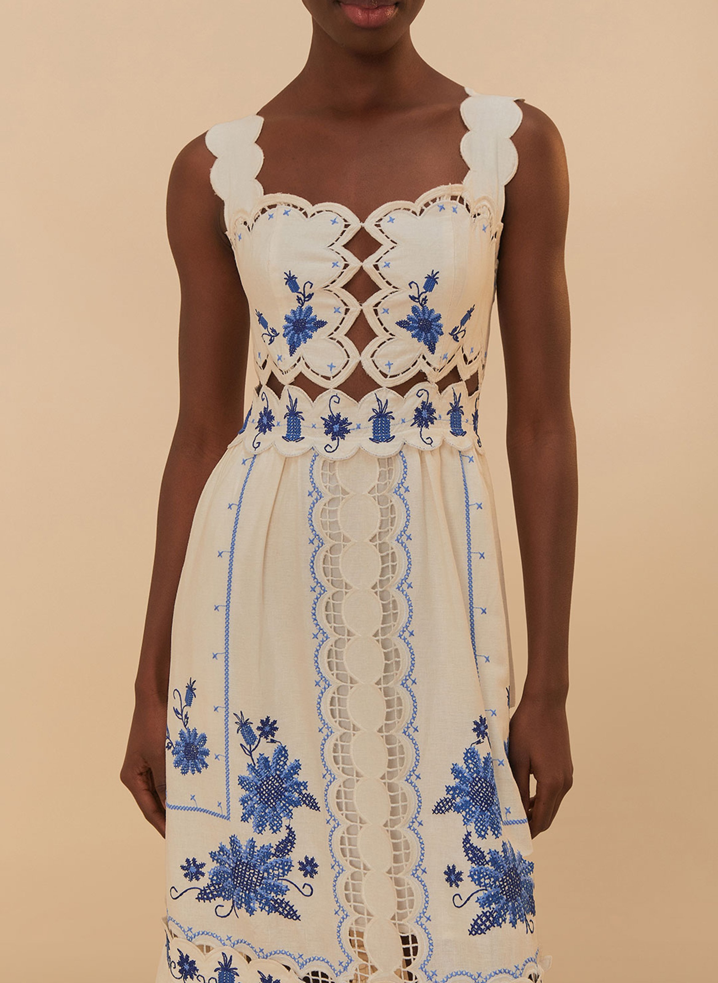 Long embroidered linen blend dress FARM RIO White