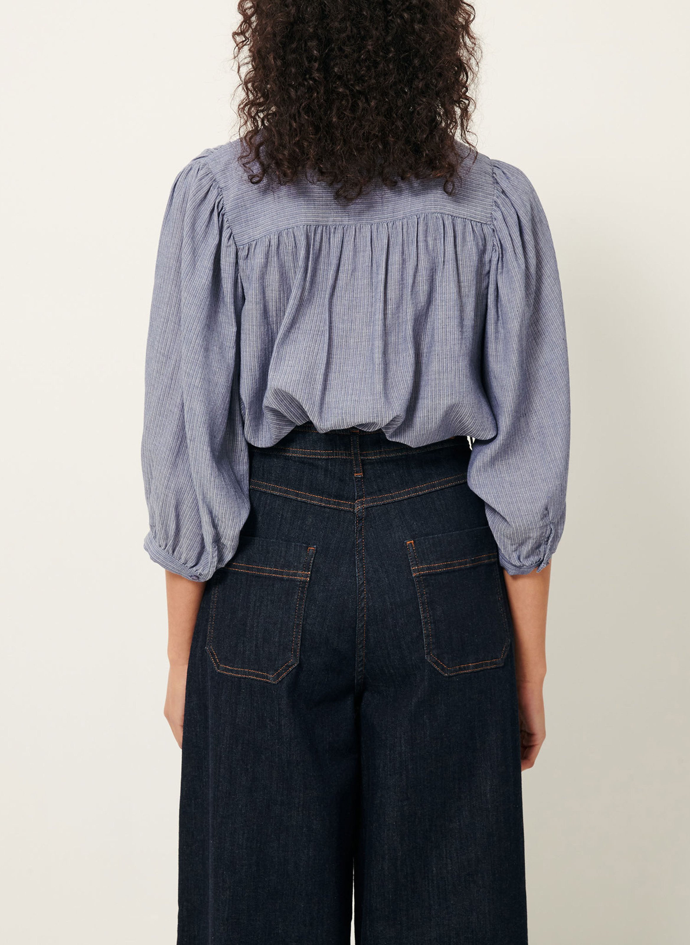 Loose-fit organic cotton shirt with mandarin collar SESSUN Blue