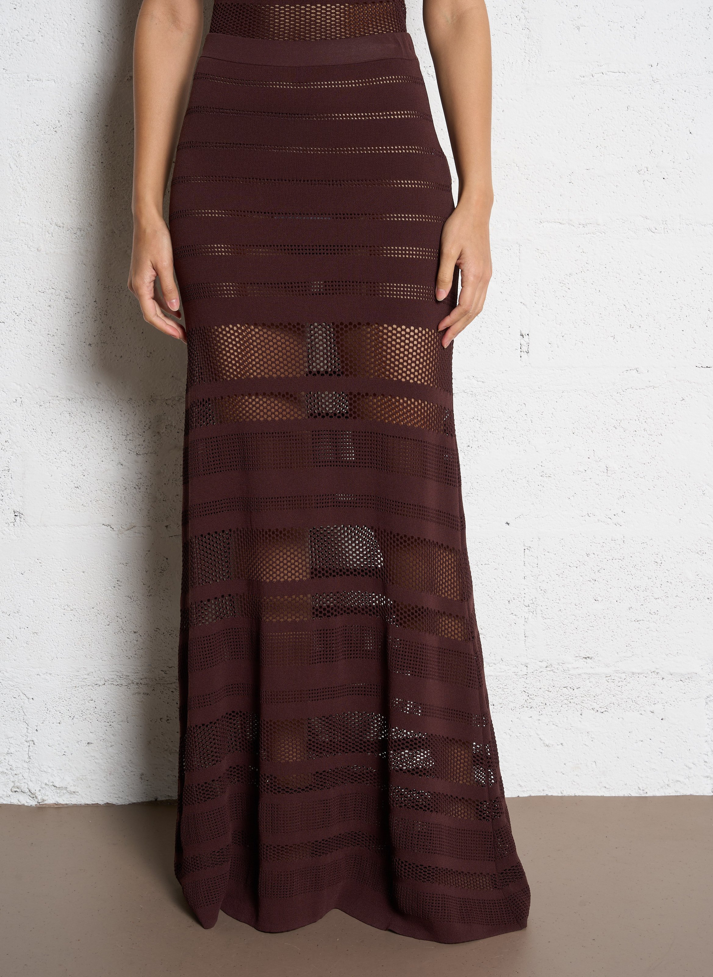 Weite lange durchbrochene einfarbige Rock SUNCOO Braun