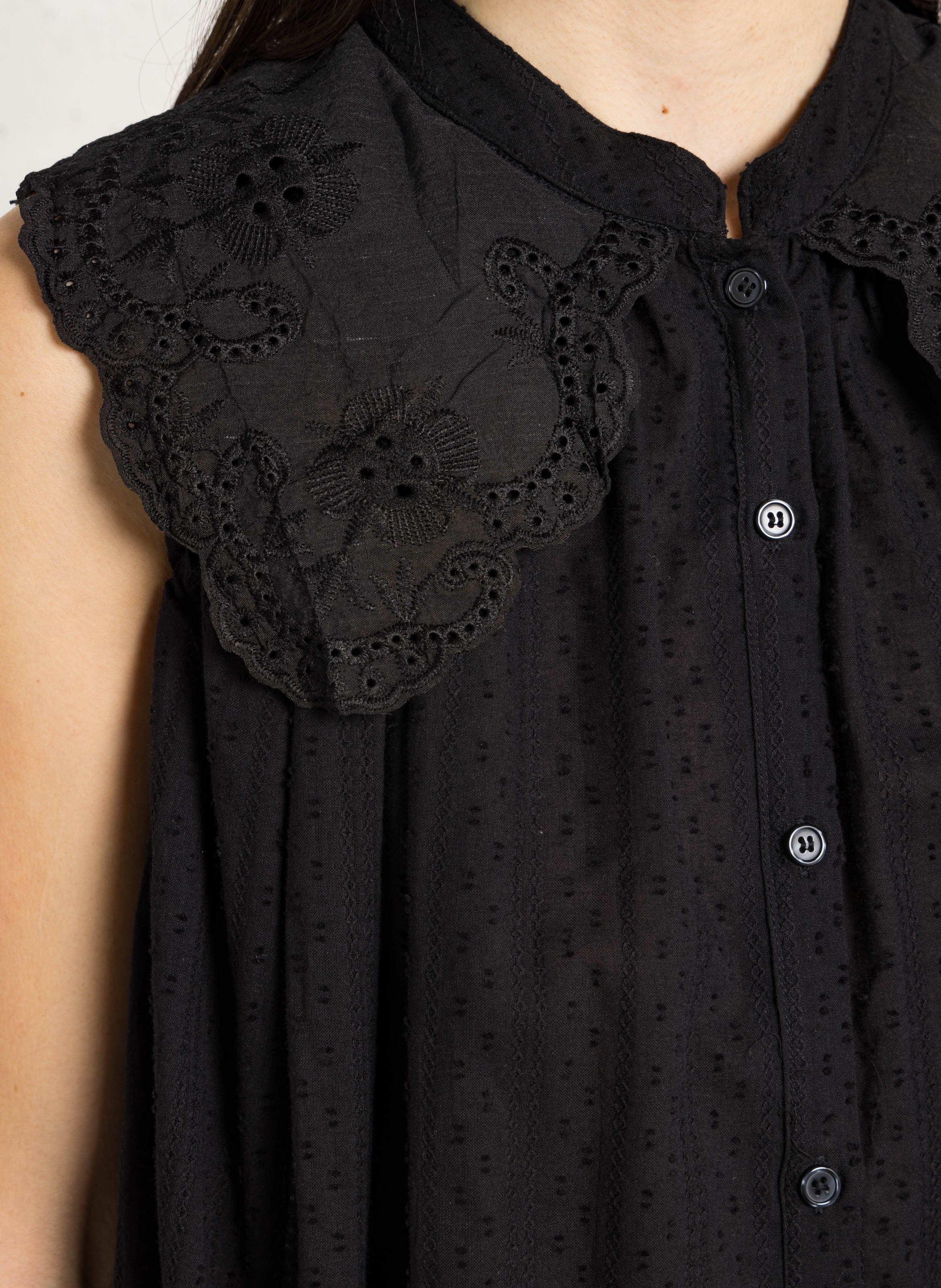 Oversized cotton embroidered mandarin collar top SEE U SOON Black