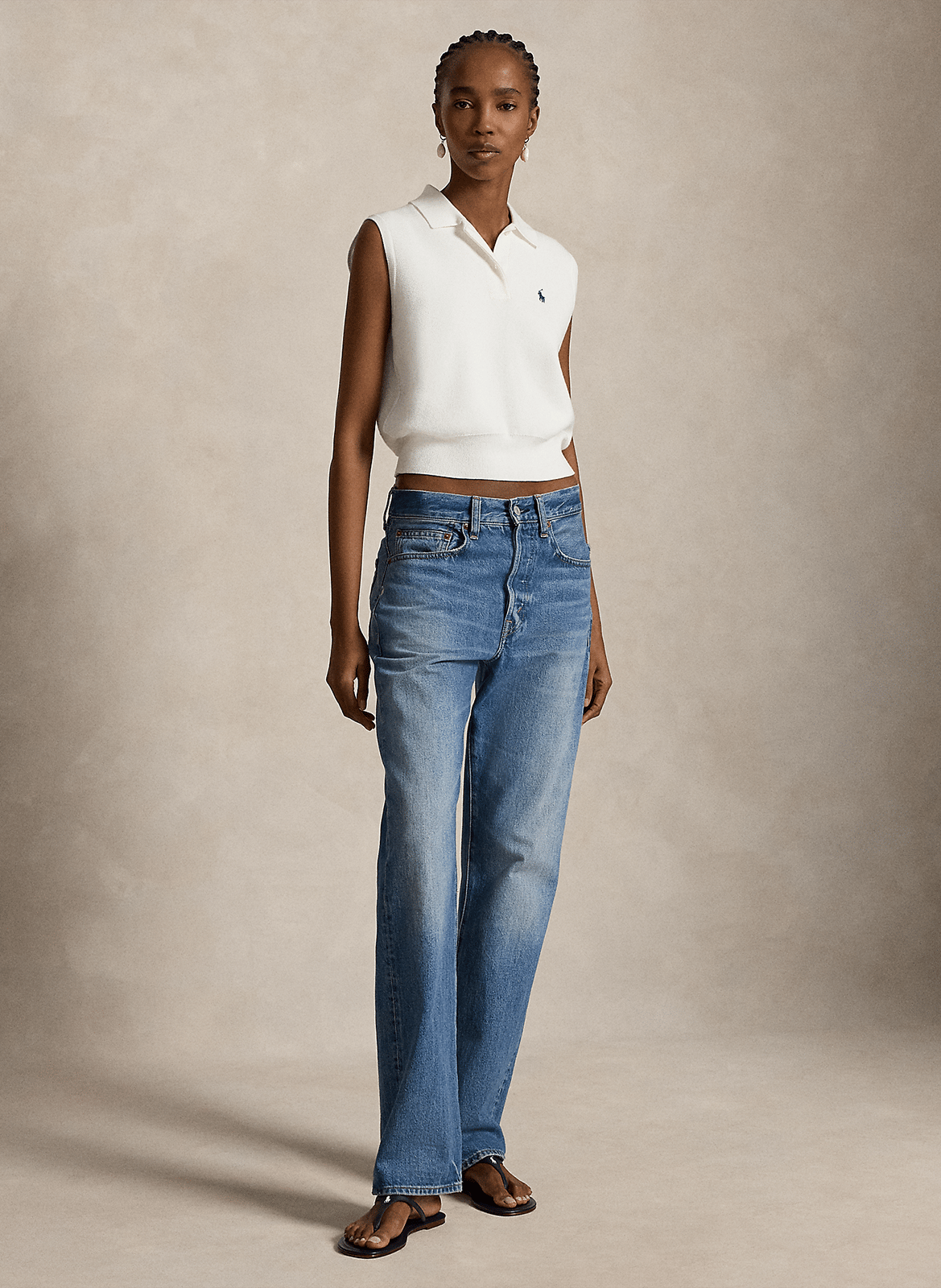 Sweat col polo sans manches à logo POLO RALPH LAUREN Blanc