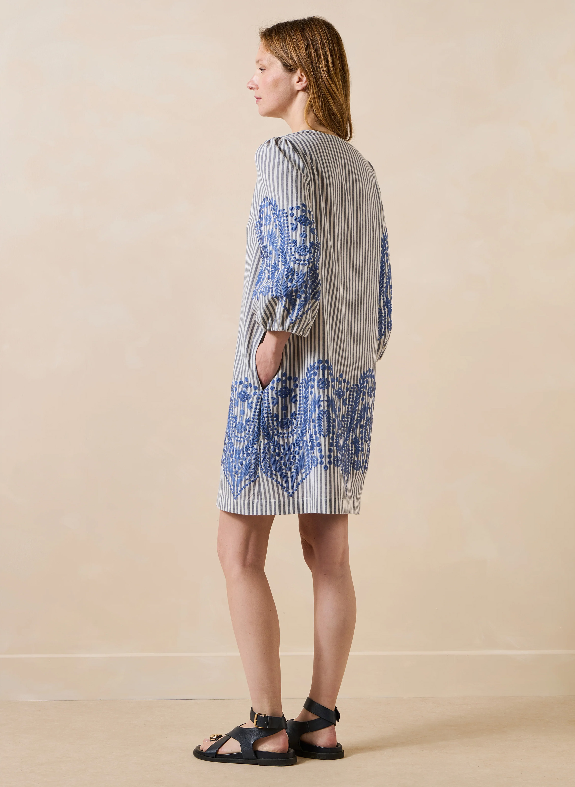 Robe courte col tunisien en coton bio mélangé LA FEE MARABOUTEE Bleu