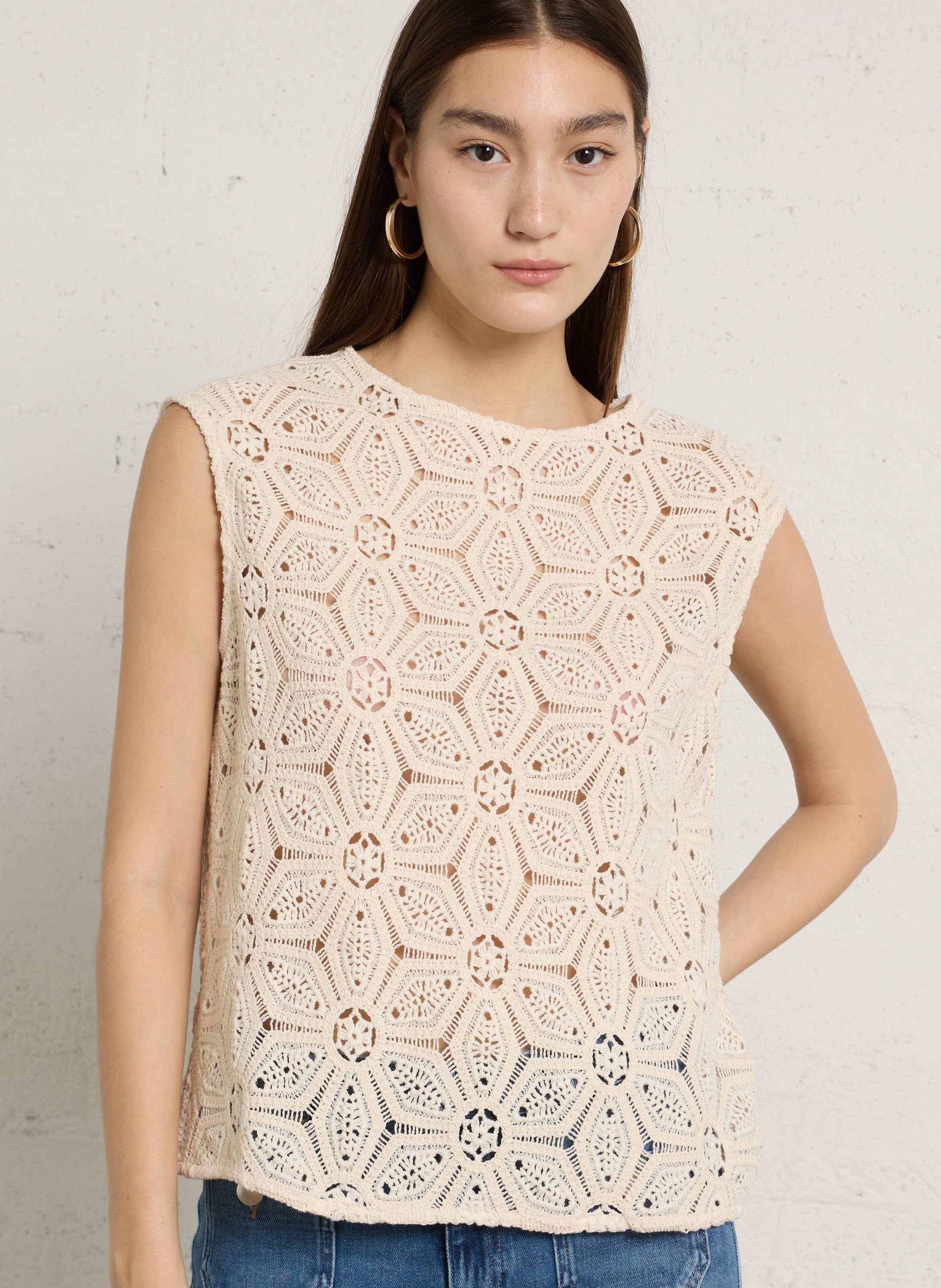 Top col rond en crochet SUD EXPRESS Beige