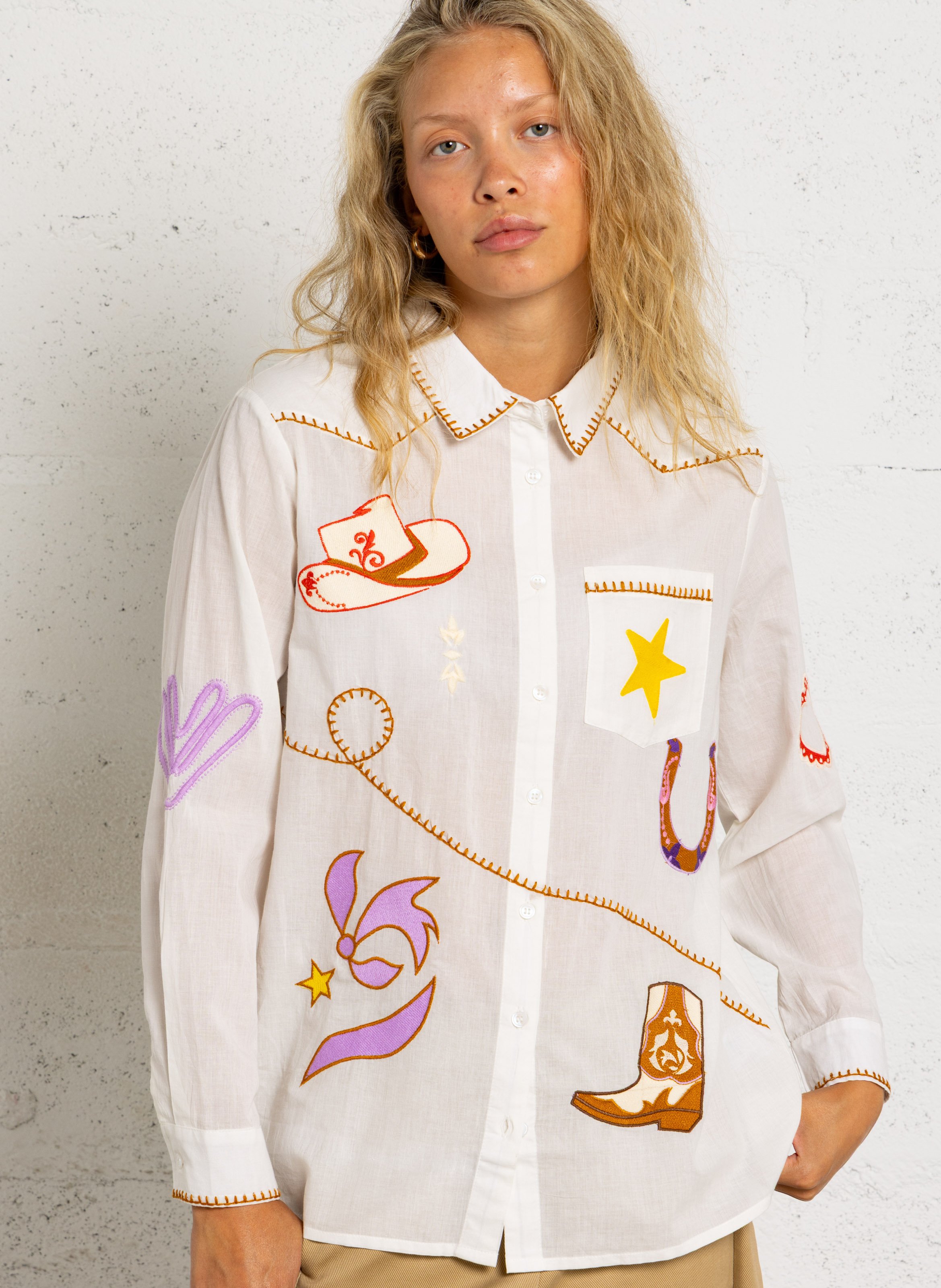 Straight embroidered cotton shirt with classic collar LA PETITE ETOILE Beige